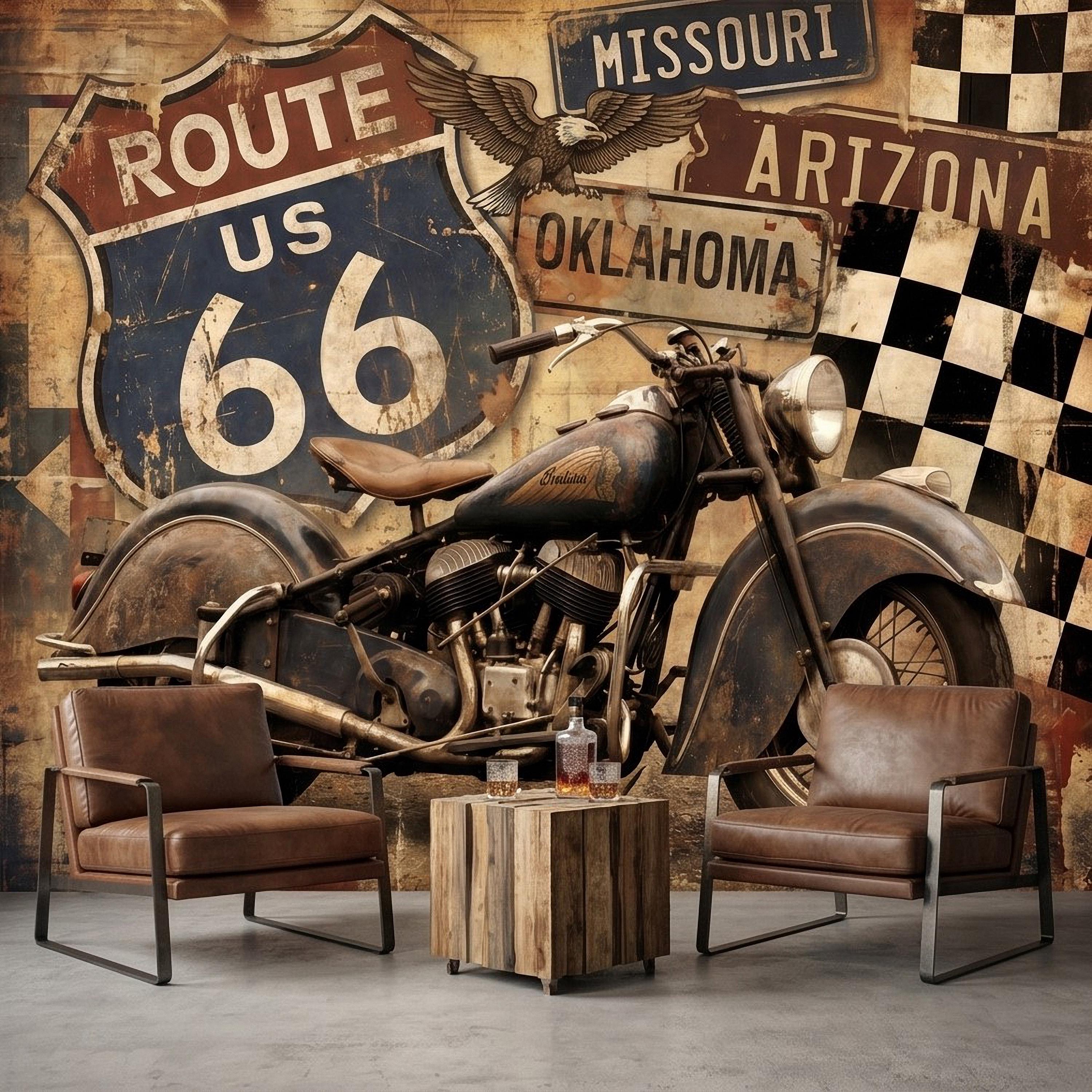 Vintage Route 66 Peel and Stick Wall Mural, Classic American Motorcycle Garage Man Cave Industrial Loft Wallpaper
