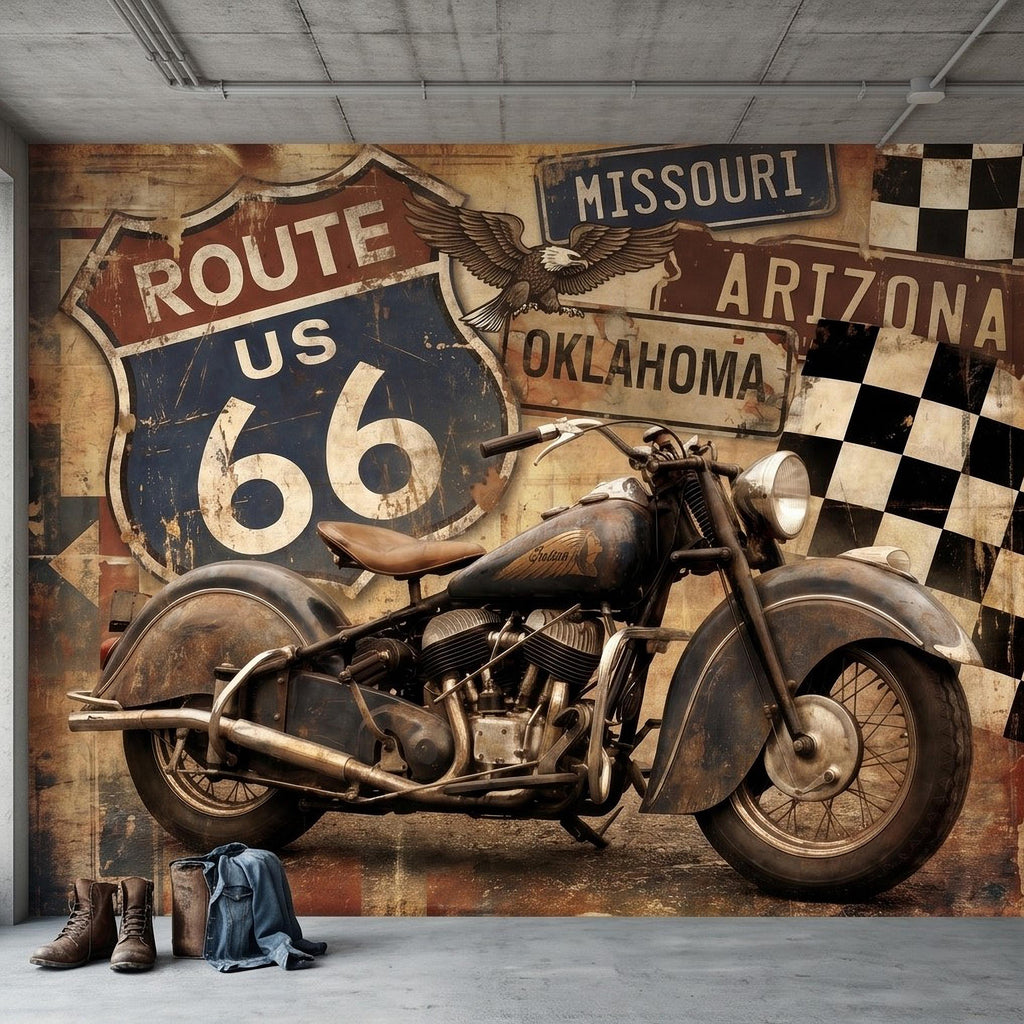 Vintage Route 66 Peel and Stick Wall Mural, Classic American Motorcycle Garage Man Cave Industrial Loft Wallpaper