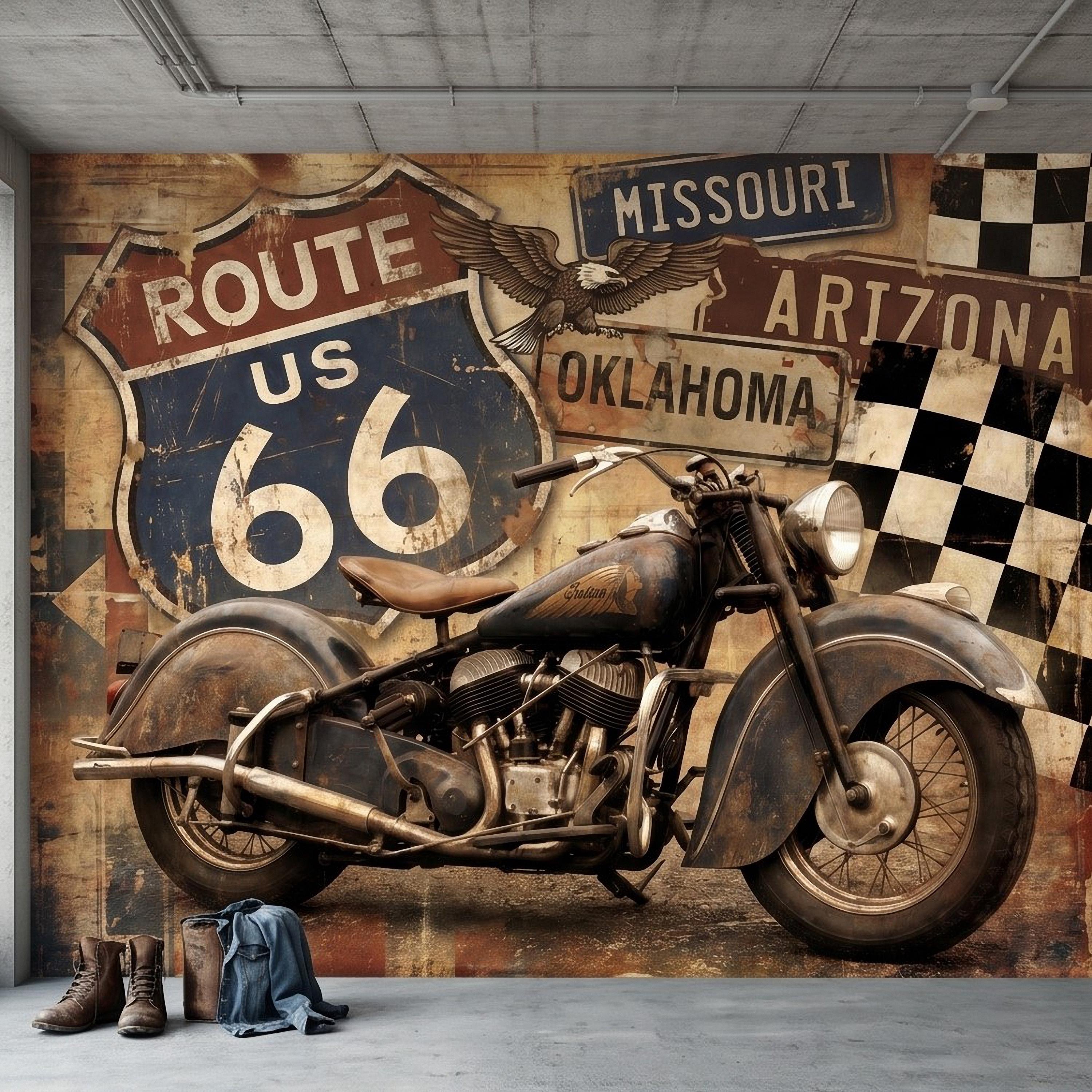 Vintage Route 66 Peel and Stick Wall Mural, Classic American Motorcycle Garage Man Cave Industrial Loft Wallpaper