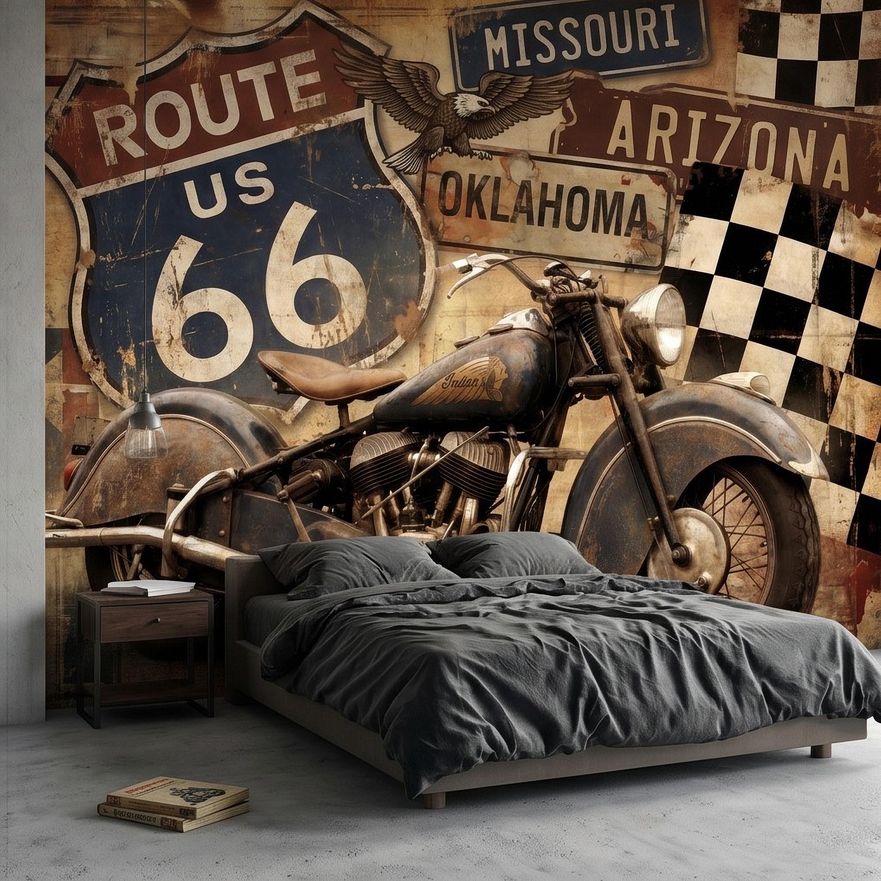 Vintage Route 66 Peel and Stick Wall Mural, Classic American Motorcycle Garage Man Cave Industrial Loft Wallpaper