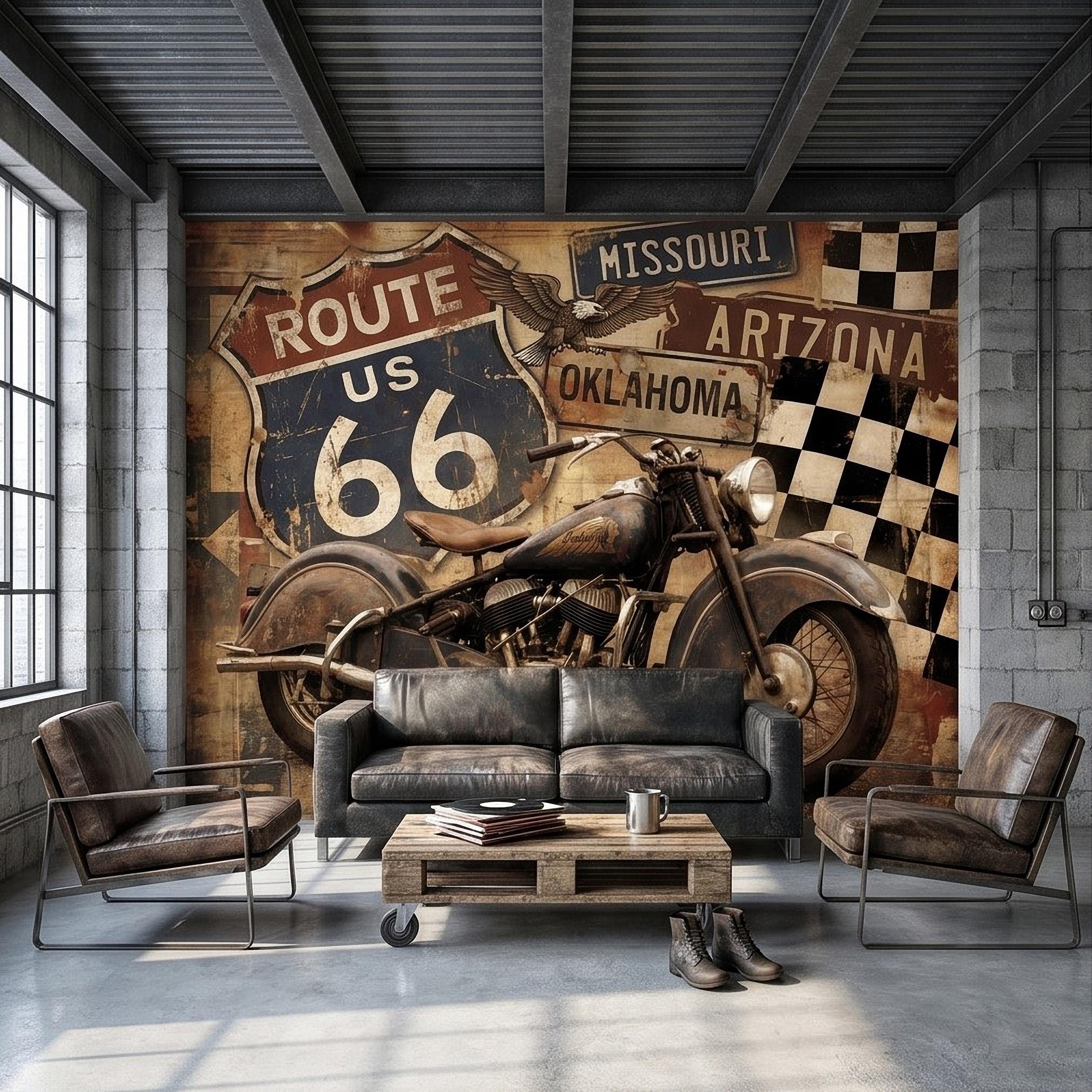 Vintage Route 66 Peel and Stick Wall Mural, Classic American Motorcycle Garage Man Cave Industrial Loft Wallpaper