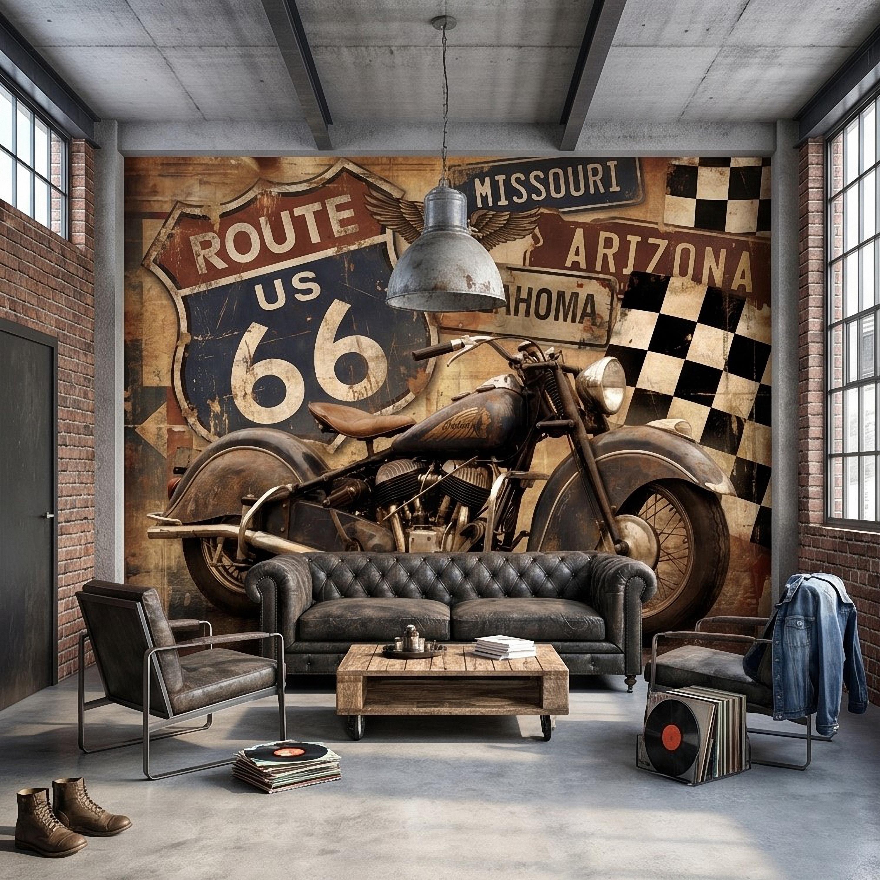 Vintage Route 66 Peel and Stick Wall Mural, Classic American Motorcycle Garage Man Cave Industrial Loft Wallpaper