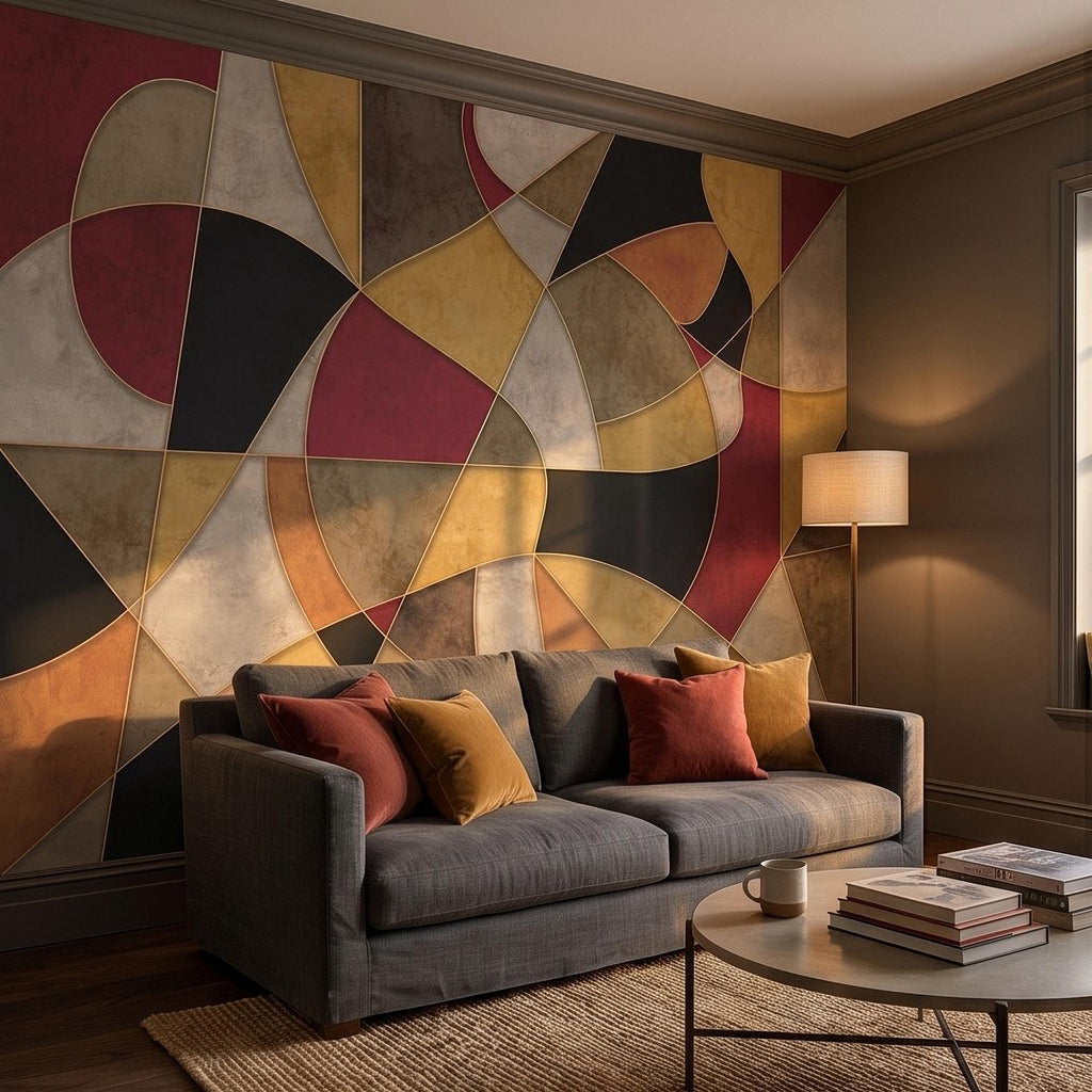 Mid Century Modern Peel and Stick Wall Mural, Abstract Geometric Color Block, Retro Burgundy Mustard Wallpaper
