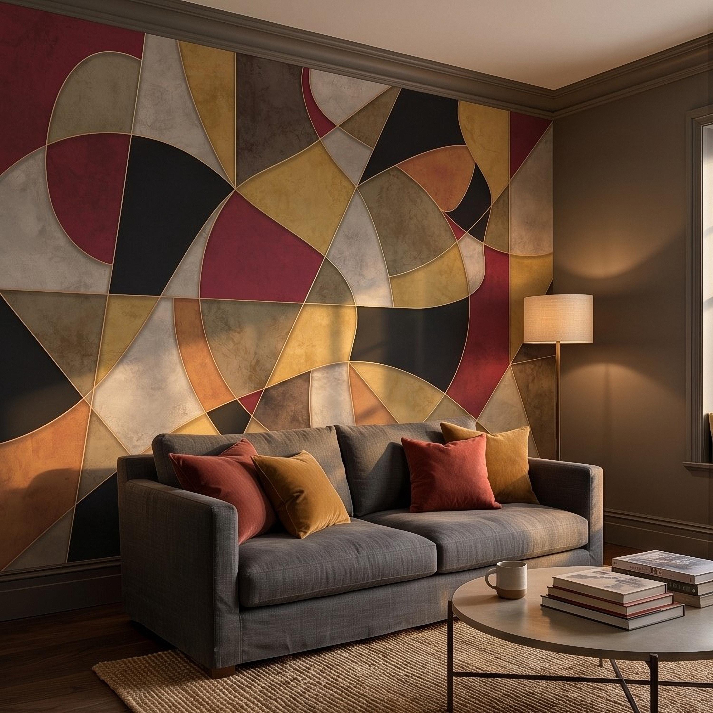 Mid Century Modern Peel and Stick Wall Mural, Abstract Geometric Color Block, Retro Burgundy Mustard Wallpaper