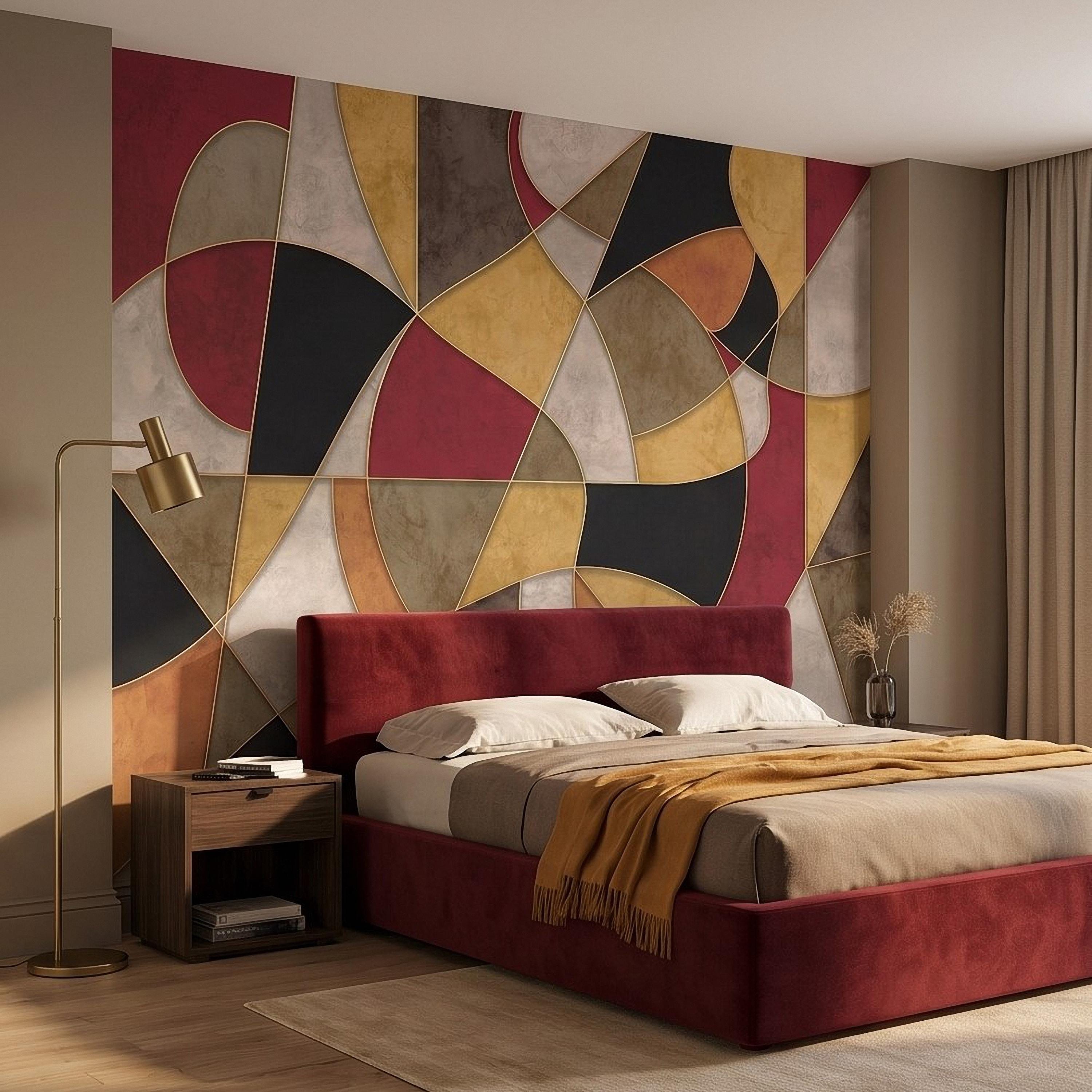 Mid Century Modern Peel and Stick Wall Mural, Abstract Geometric Color Block, Retro Burgundy Mustard Wallpaper