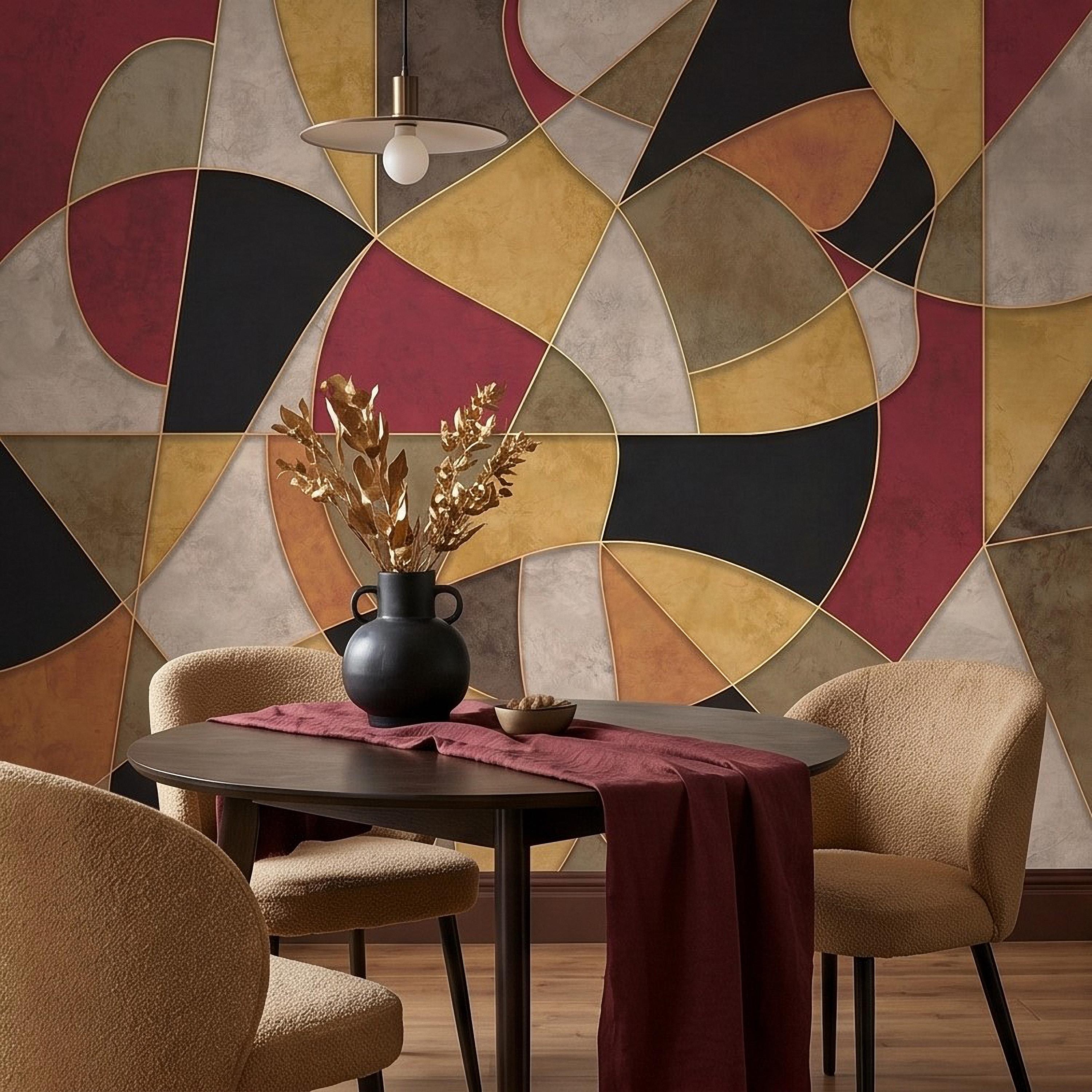 Mid Century Modern Peel and Stick Wall Mural, Abstract Geometric Color Block, Retro Burgundy Mustard Wallpaper