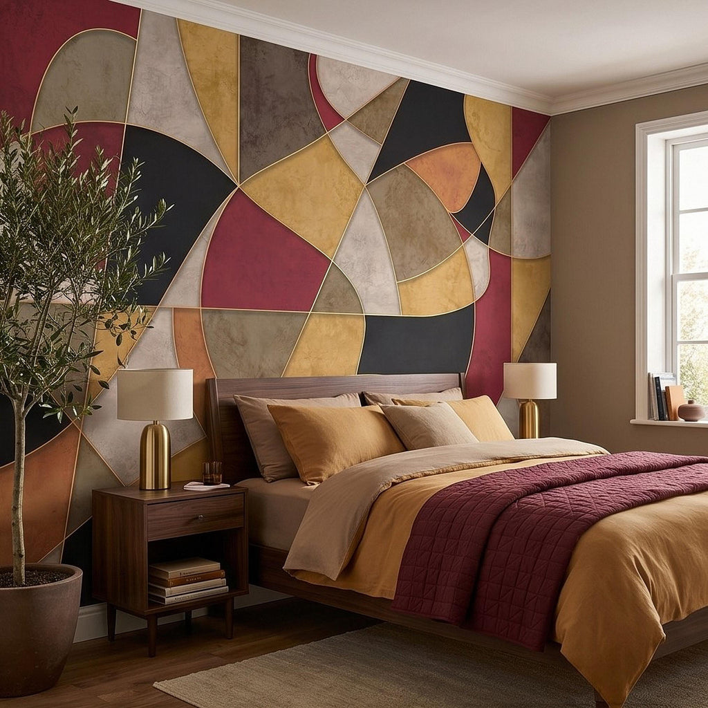Mid Century Modern Peel and Stick Wall Mural, Abstract Geometric Color Block, Retro Burgundy Mustard Wallpaper