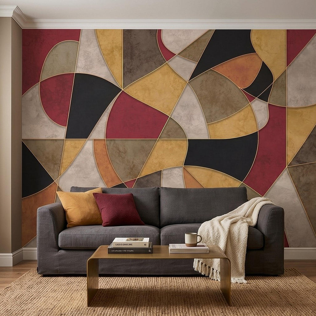 Mid Century Modern Peel and Stick Wall Mural, Abstract Geometric Color Block, Retro Burgundy Mustard Wallpaper