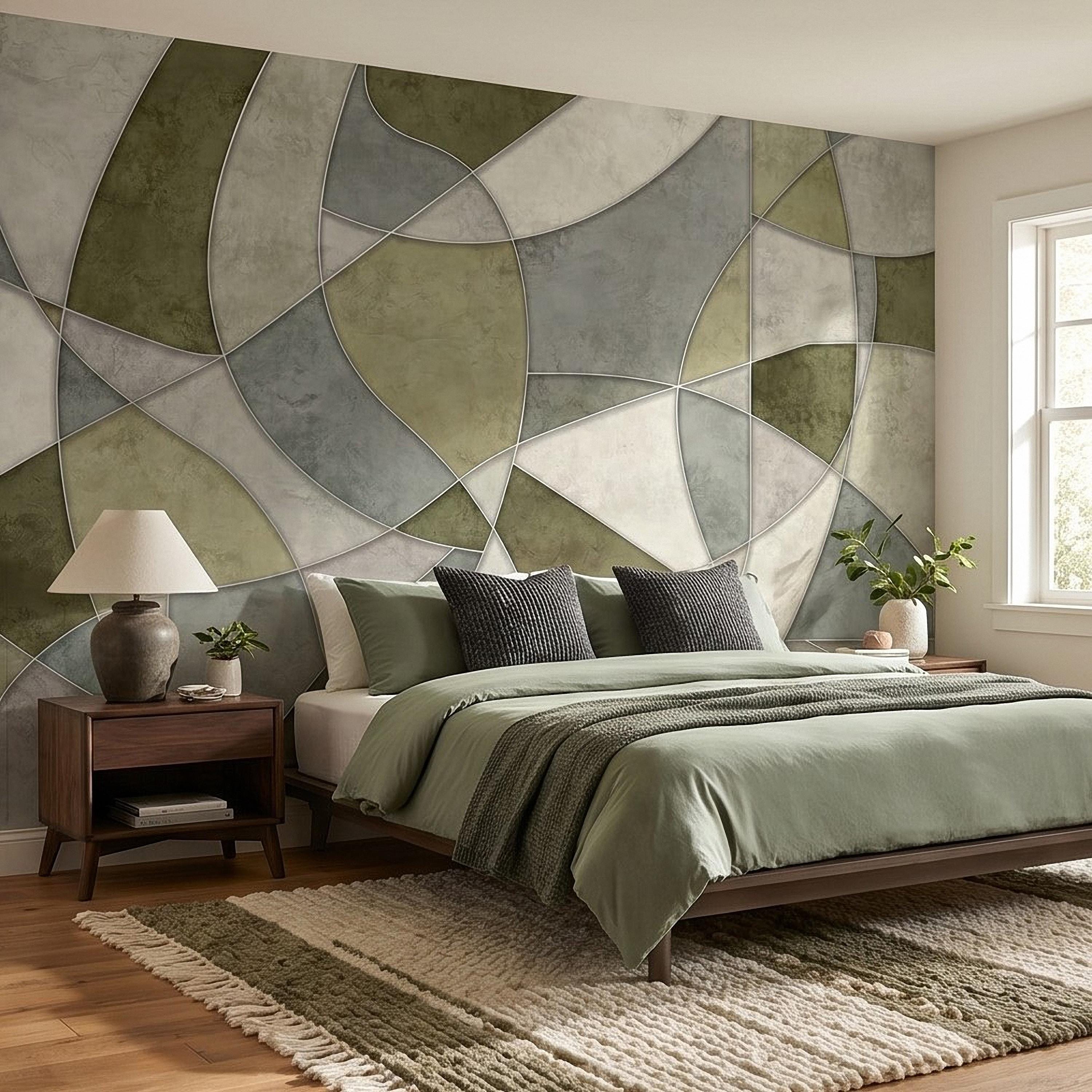 Sage Green Abstract Peel and Stick Wall Mural, Modern Organic Geometric Panels, Neutral Matte Plaster Illusion Wallpaper