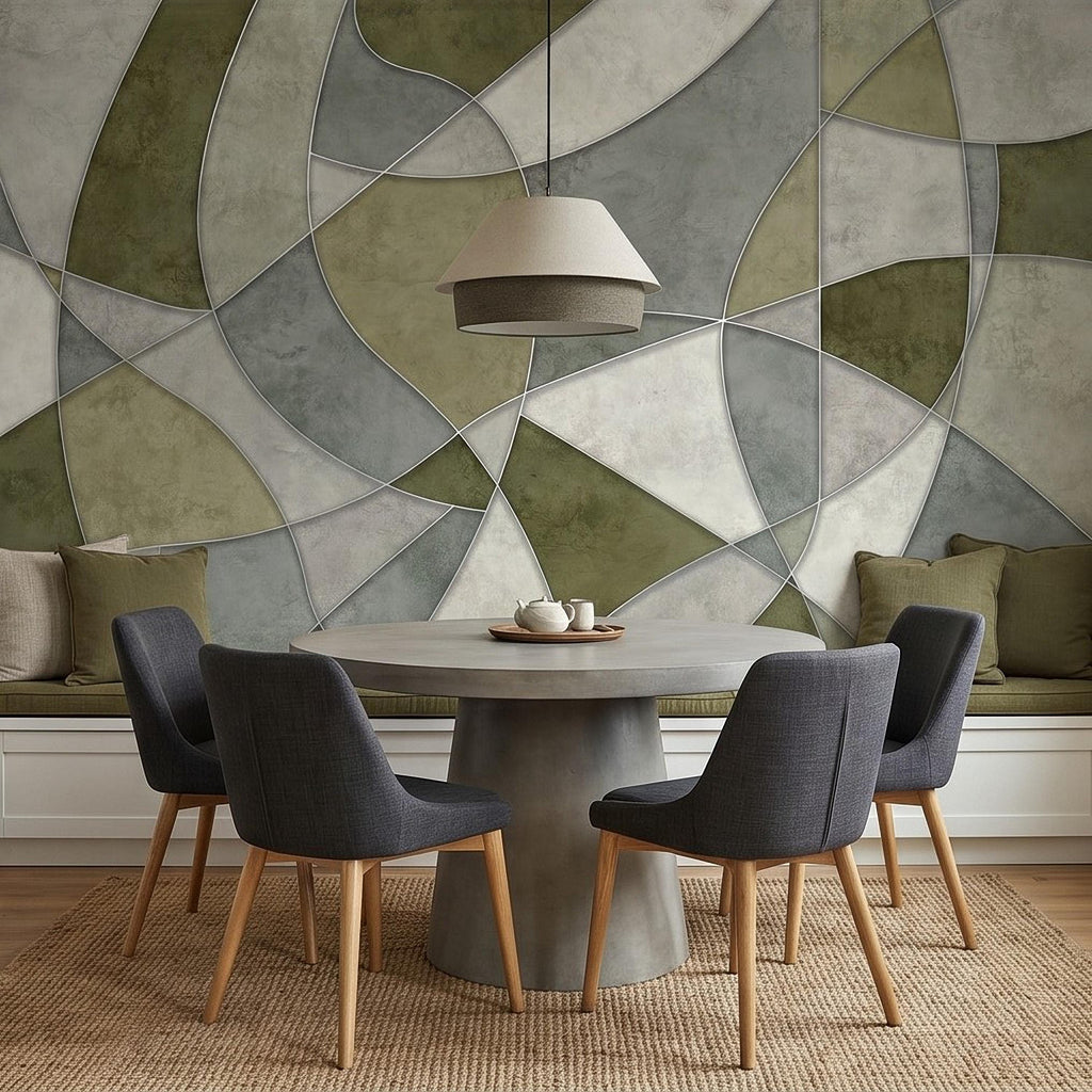 Sage Green Abstract Peel and Stick Wall Mural, Modern Organic Geometric Panels, Neutral Matte Plaster Illusion Wallpaper