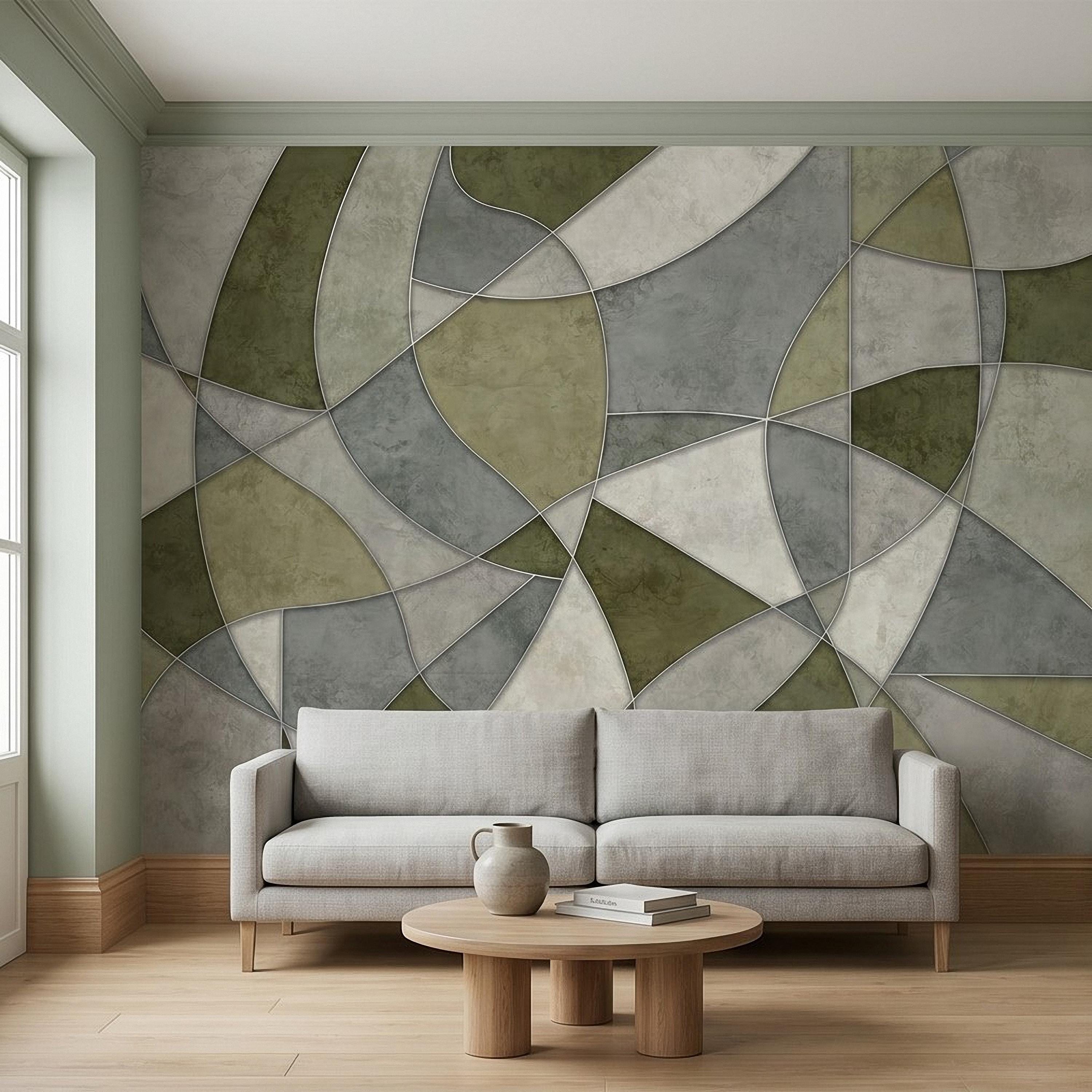 Sage Green Abstract Peel and Stick Wall Mural, Modern Organic Geometric Panels, Neutral Matte Plaster Illusion Wallpaper