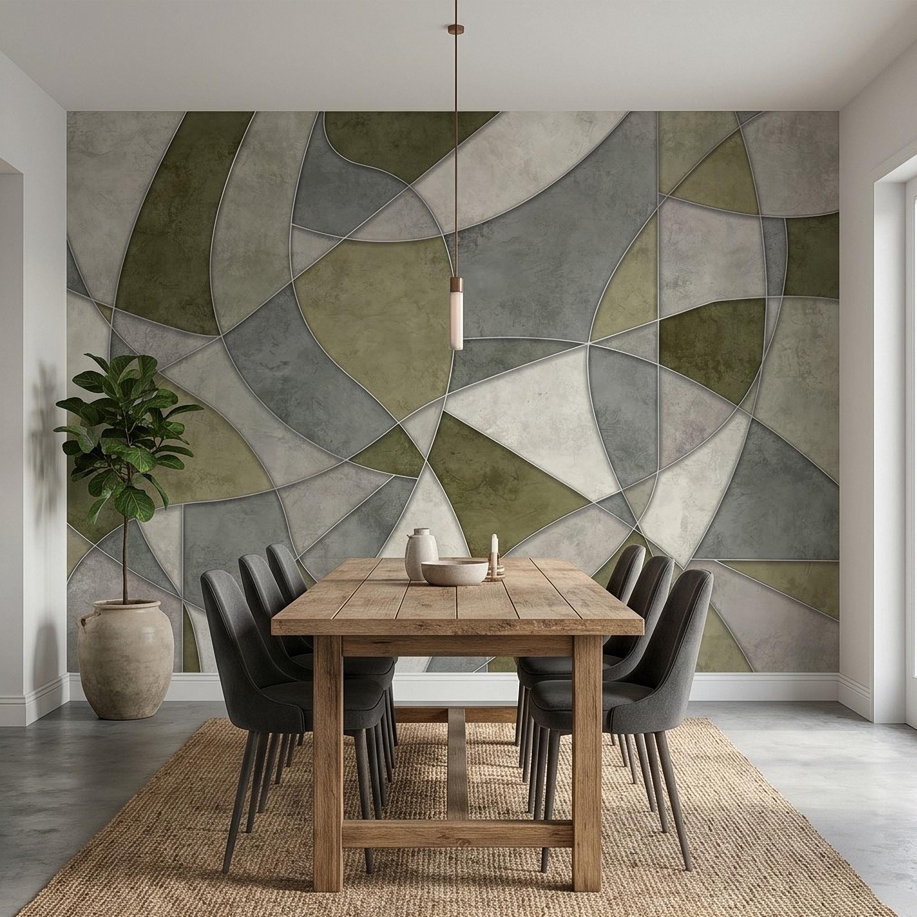 Sage Green Abstract Peel and Stick Wall Mural, Modern Organic Geometric Panels, Neutral Matte Plaster Illusion Wallpaper