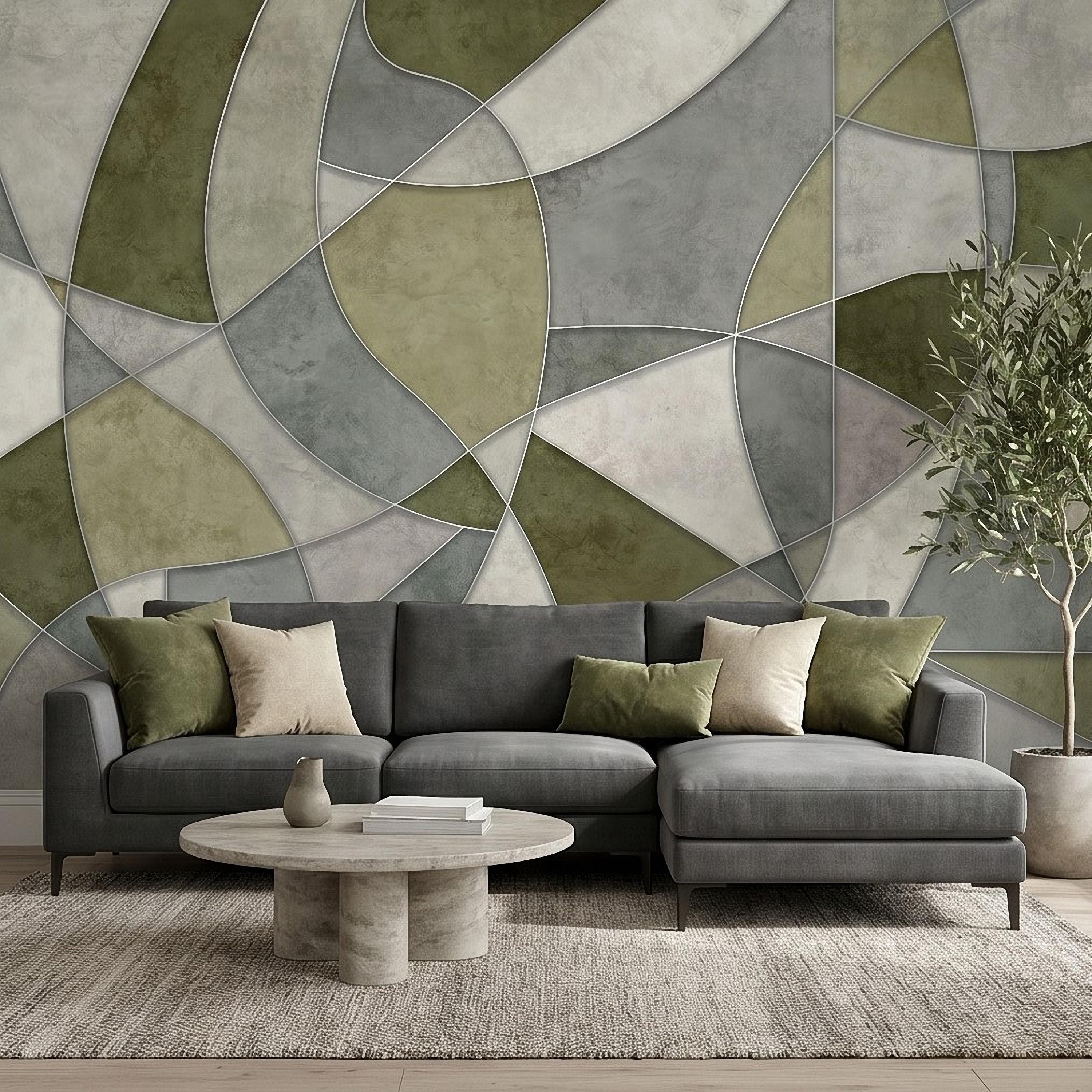 Sage Green Abstract Peel and Stick Wall Mural, Modern Organic Geometric Panels, Neutral Matte Plaster Illusion Wallpaper