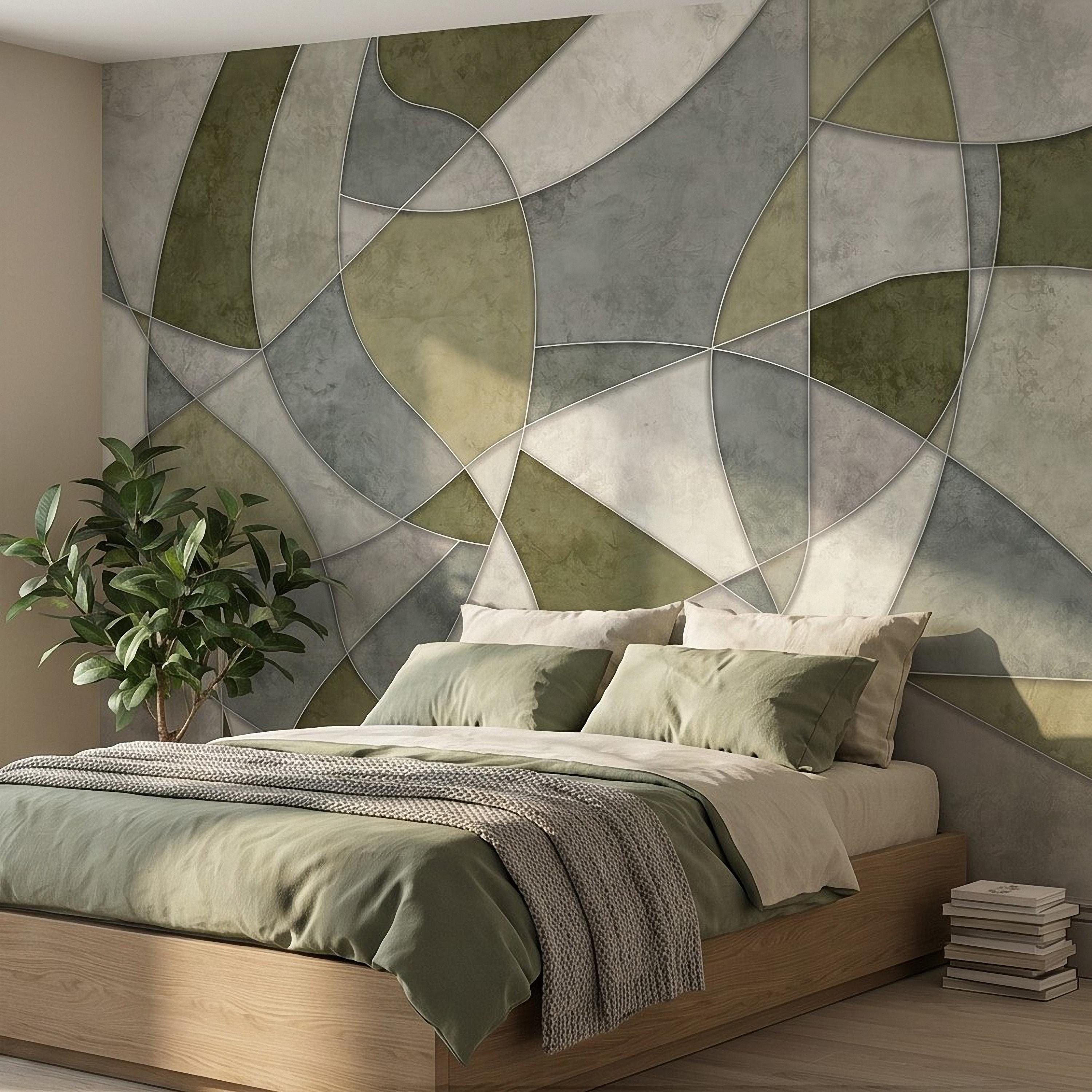 Sage Green Abstract Peel and Stick Wall Mural, Modern Organic Geometric Panels, Neutral Matte Plaster Illusion Wallpaper