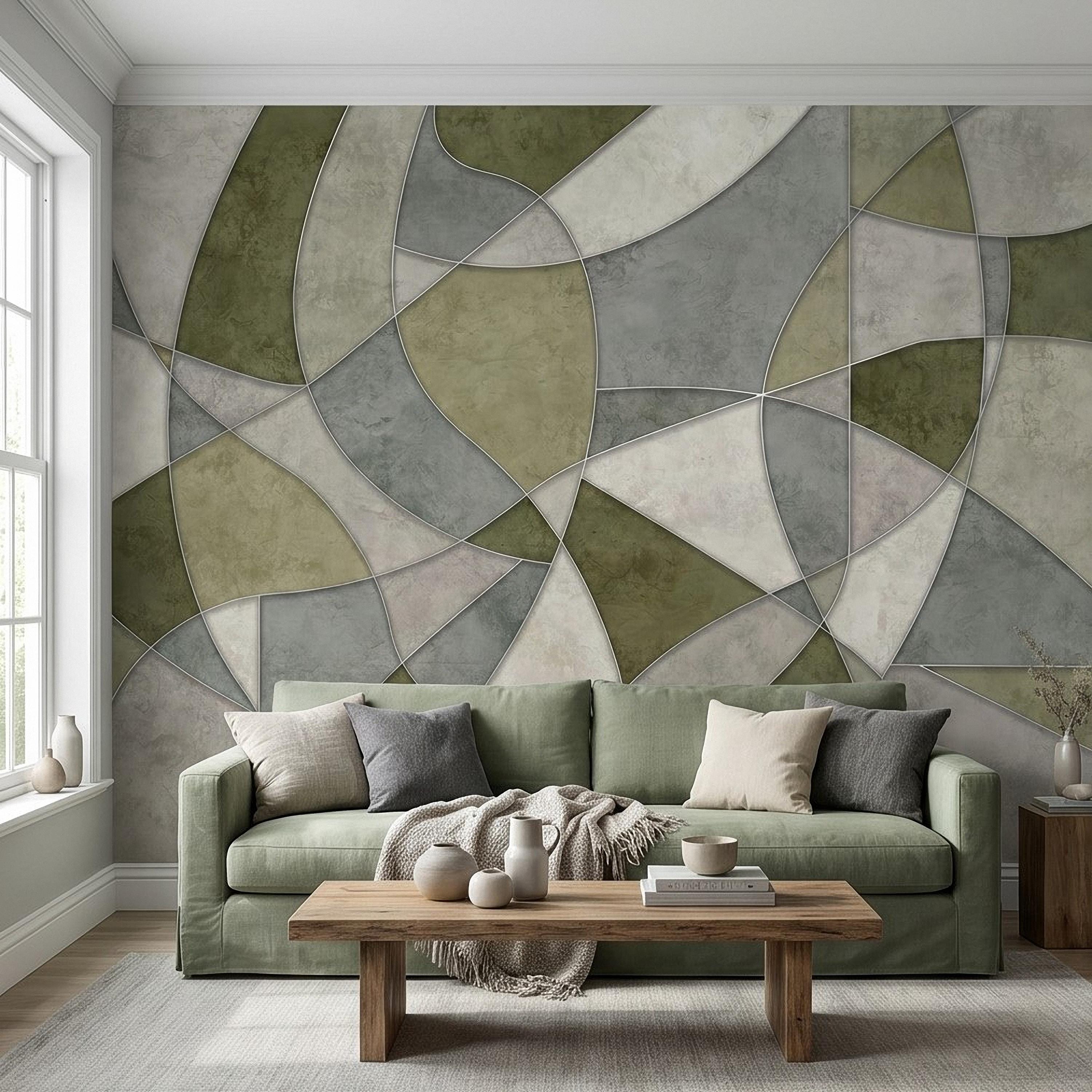 Sage Green Abstract Peel and Stick Wall Mural, Modern Organic Geometric Panels, Neutral Matte Plaster Illusion Wallpaper