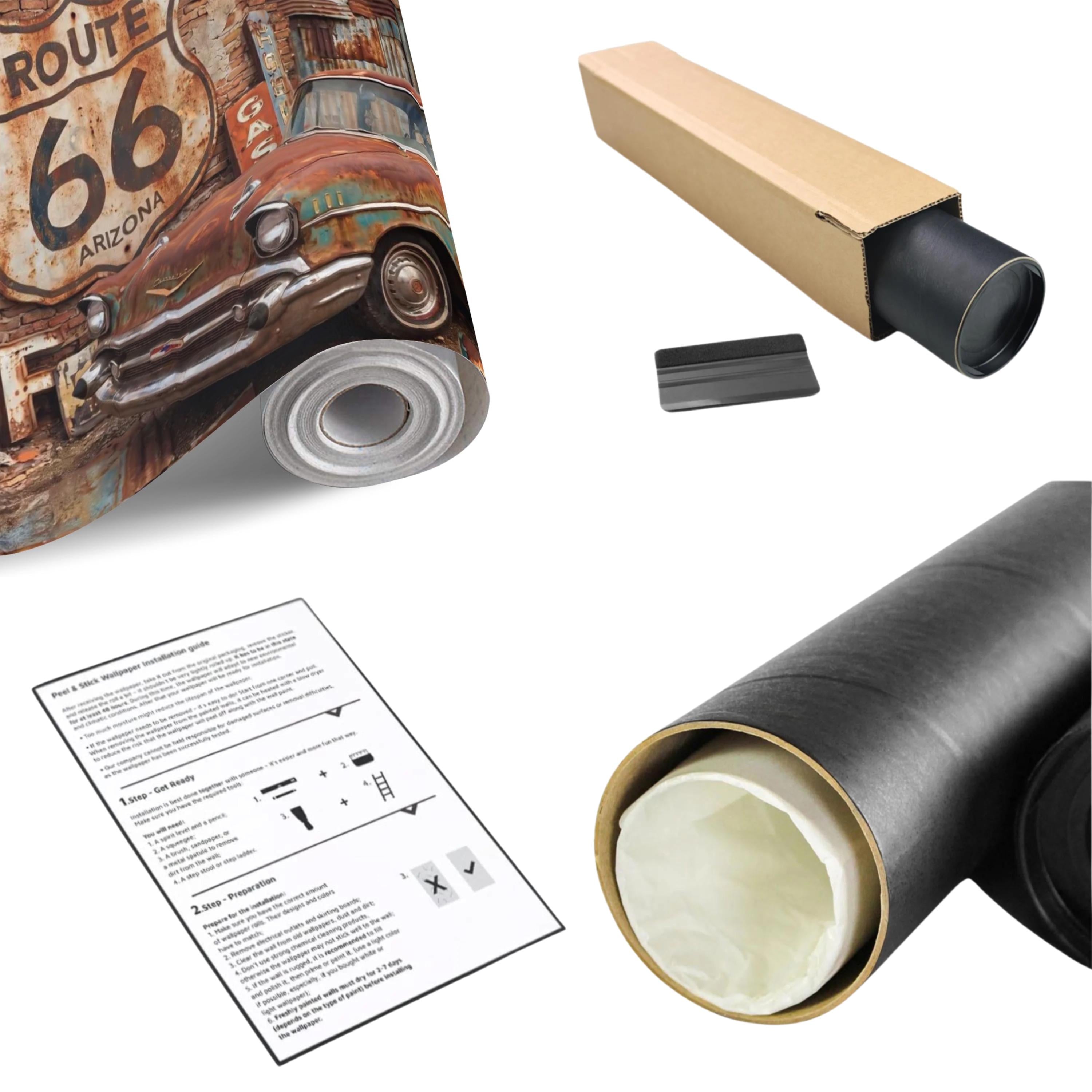 Vintage Route 66 Peel and Stick Wall Mural, Classic American Car with Retro Road Signs, Rustic Garage Man Cave Wallpaper