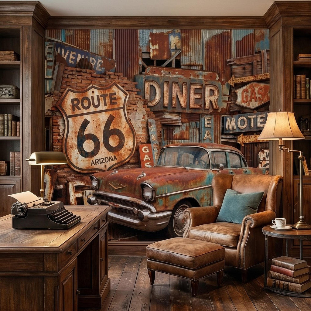 Vintage Route 66 Peel and Stick Wall Mural, Classic American Car with Retro Road Signs, Rustic Garage Man Cave Wallpaper