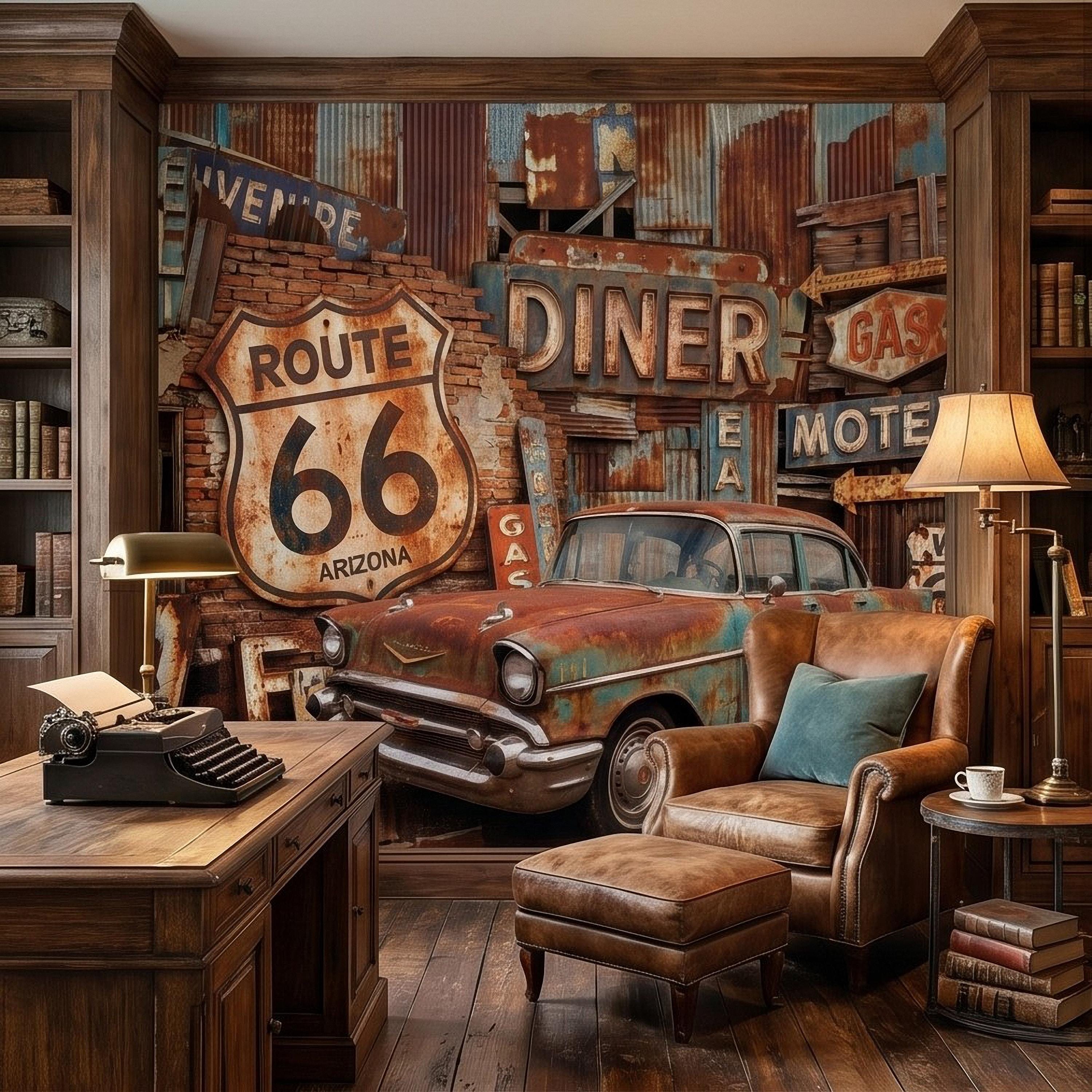 Vintage Route 66 Peel and Stick Wall Mural, Classic American Car with Retro Road Signs, Rustic Garage Man Cave Wallpaper
