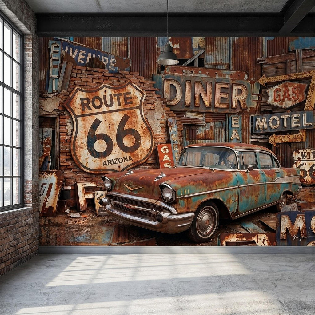 Vintage Route 66 Peel and Stick Wall Mural, Classic American Car with Retro Road Signs, Rustic Garage Man Cave Wallpaper