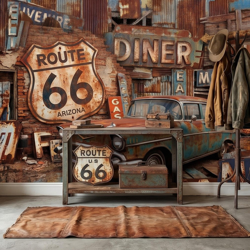 Vintage Route 66 Peel and Stick Wall Mural, Classic American Car with Retro Road Signs, Rustic Garage Man Cave Wallpaper