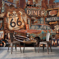 Vintage Route 66 Peel and Stick Wall Mural, Classic American Car with Retro Road Signs, Rustic Garage Man Cave Wallpaper
