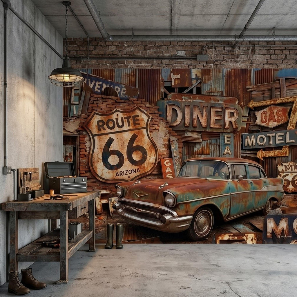 Vintage Route 66 Peel and Stick Wall Mural, Classic American Car with Retro Road Signs, Rustic Garage Man Cave Wallpaper