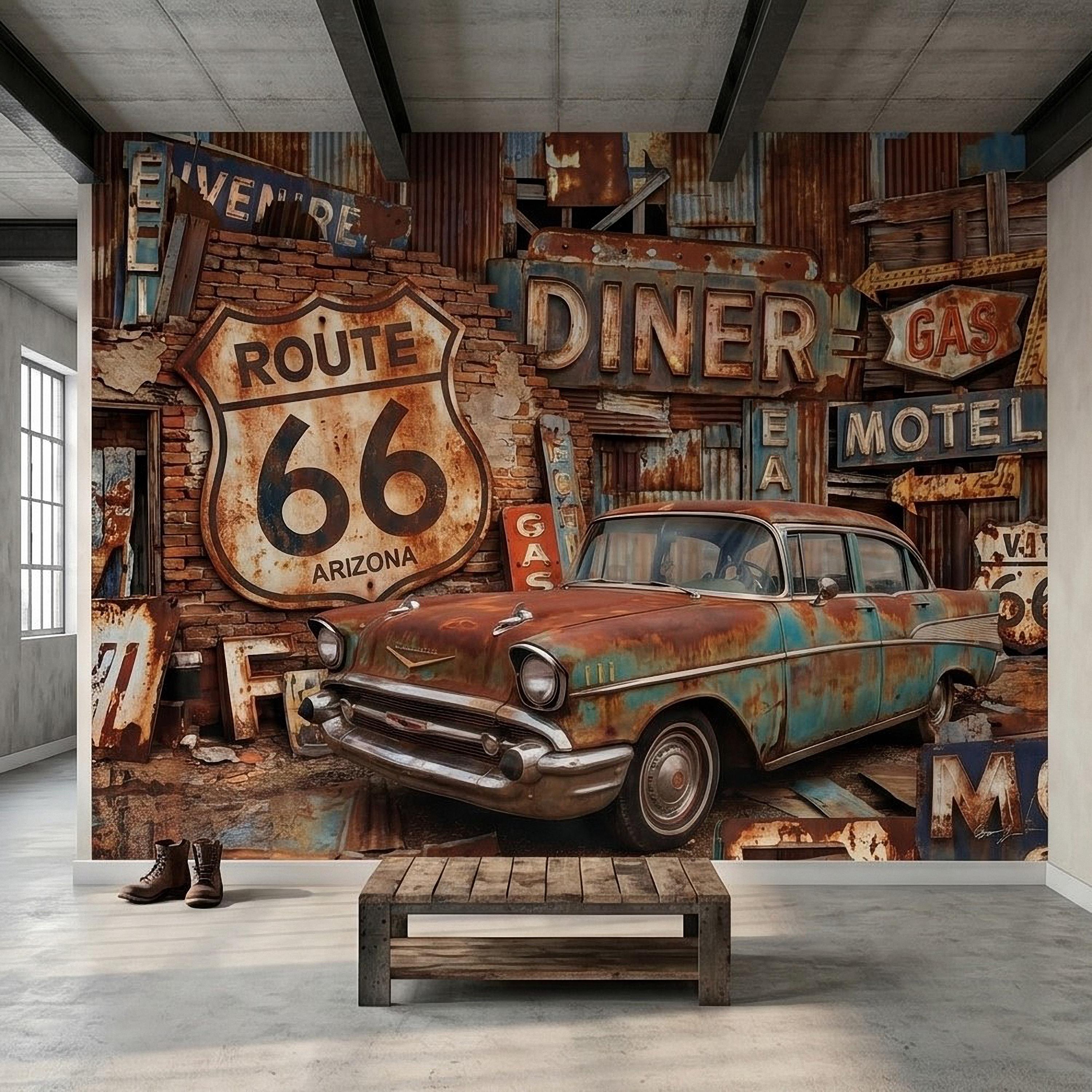 Vintage Route 66 Peel and Stick Wall Mural, Classic American Car with Retro Road Signs, Rustic Garage Man Cave Wallpaper