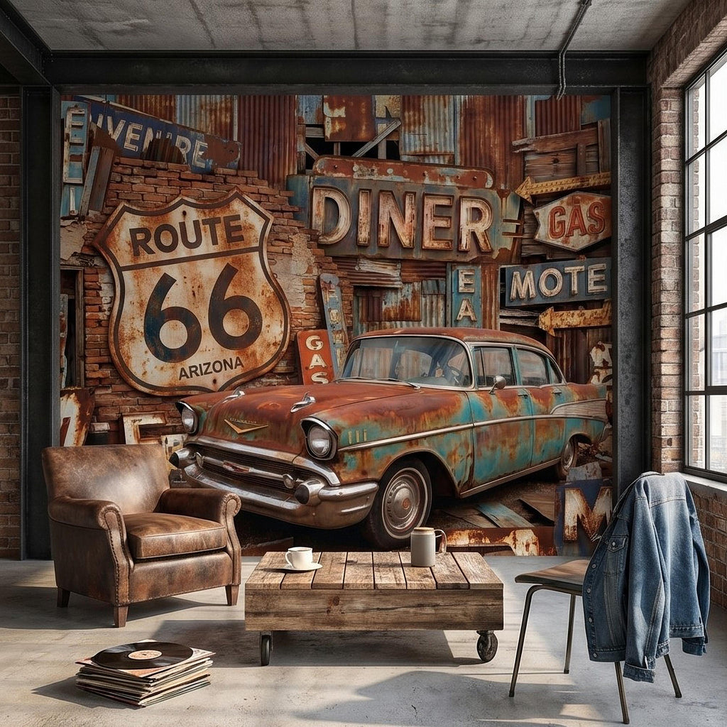 Vintage Route 66 Peel and Stick Wall Mural, Classic American Car with Retro Road Signs, Rustic Garage Man Cave Wallpaper