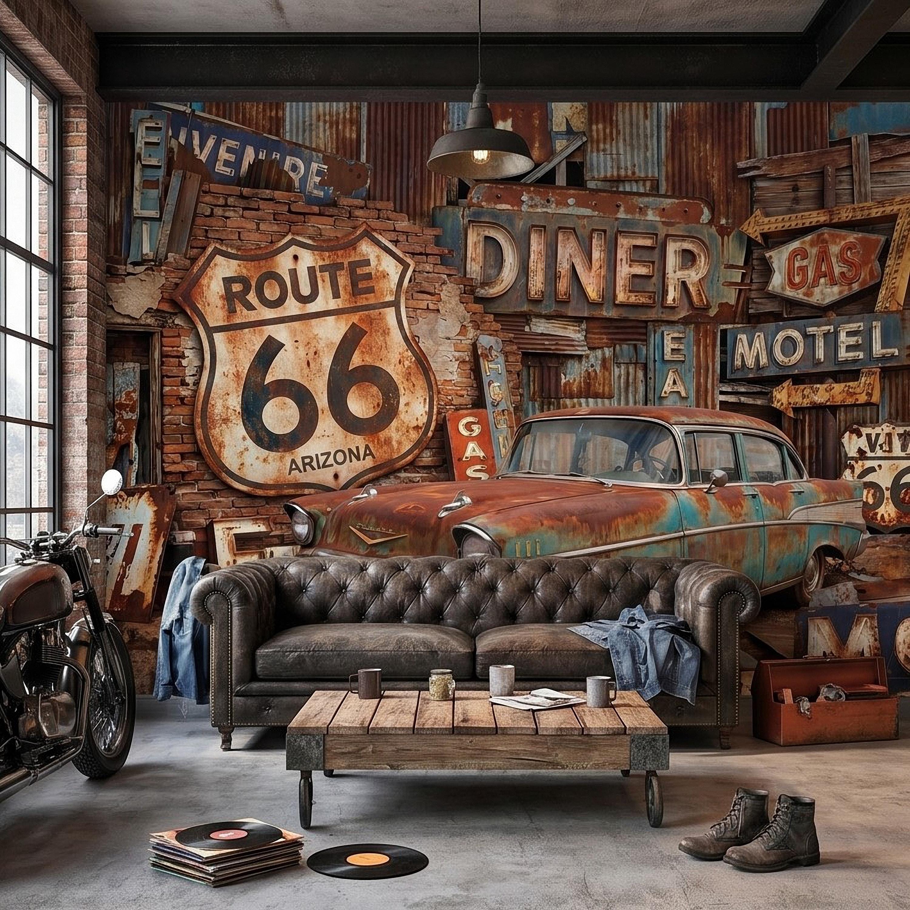 Vintage Route 66 Peel and Stick Wall Mural, Classic American Car with Retro Road Signs, Rustic Garage Man Cave Wallpaper