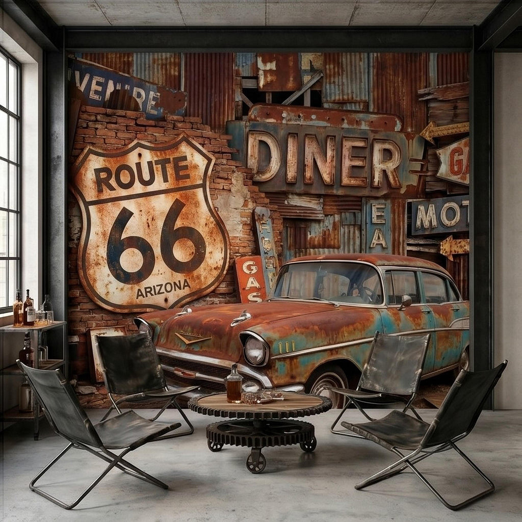Vintage Route 66 Peel and Stick Wall Mural, Classic American Car with Retro Road Signs, Rustic Garage Man Cave Wallpaper