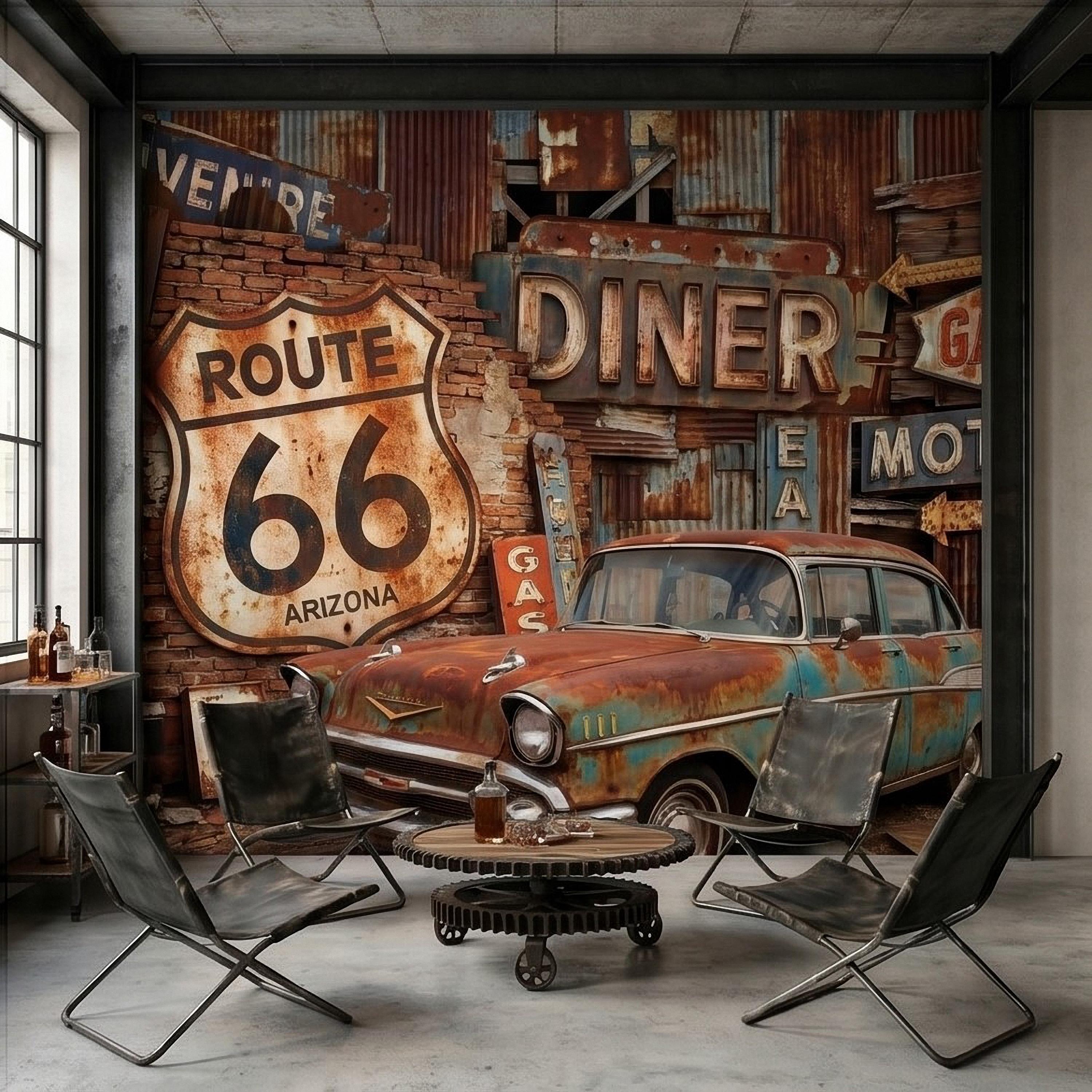 Vintage Route 66 Peel and Stick Wall Mural, Classic American Car with Retro Road Signs, Rustic Garage Man Cave Wallpaper