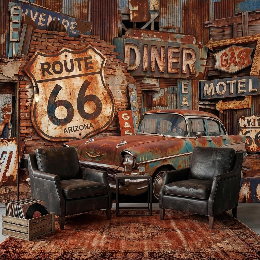Vintage Route 66 Peel and Stick Wall Mural, Classic American Car with Retro Road Signs, Rustic Garage Man Cave Wallpaper