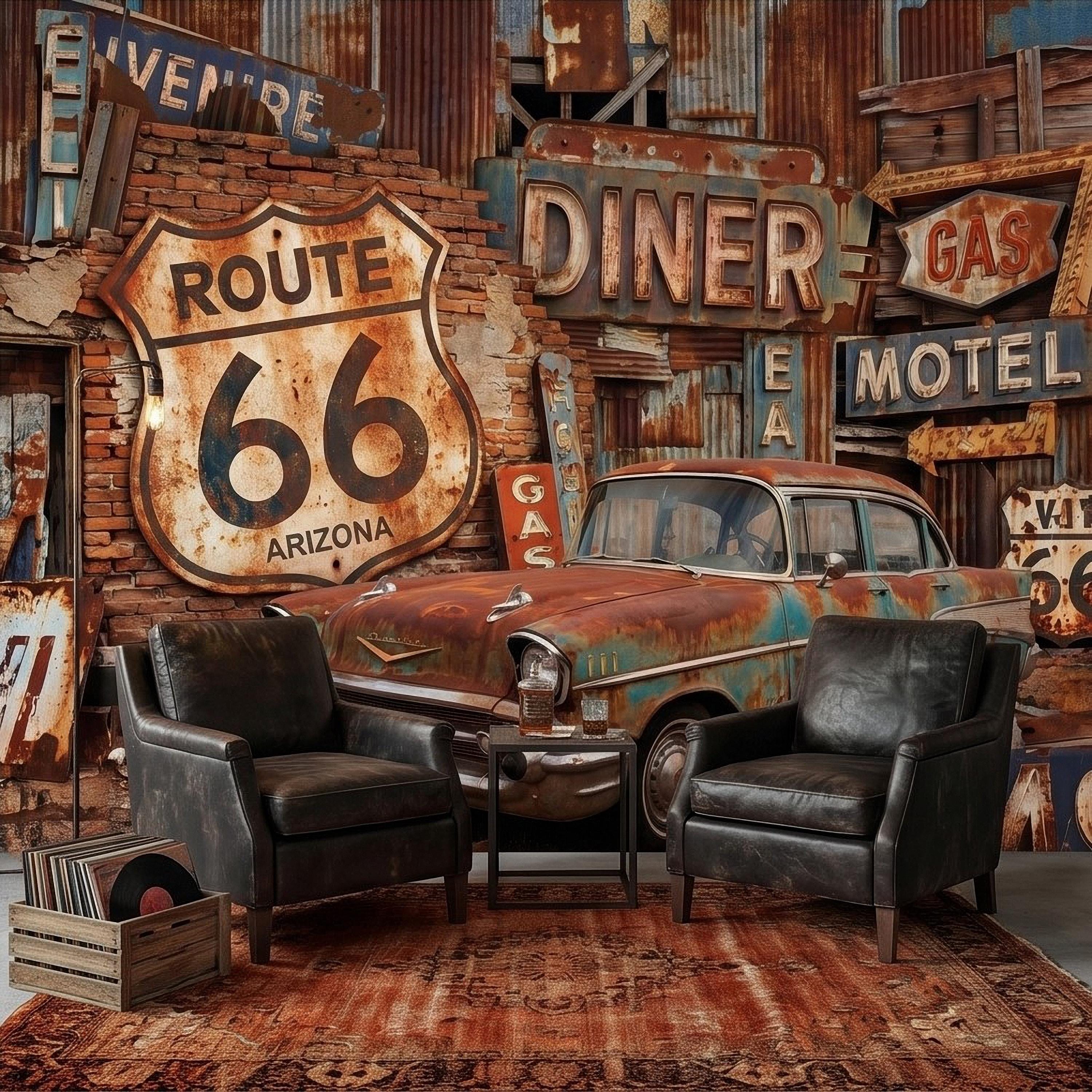 Vintage Route 66 Peel and Stick Wall Mural, Classic American Car with Retro Road Signs, Rustic Garage Man Cave Wallpaper