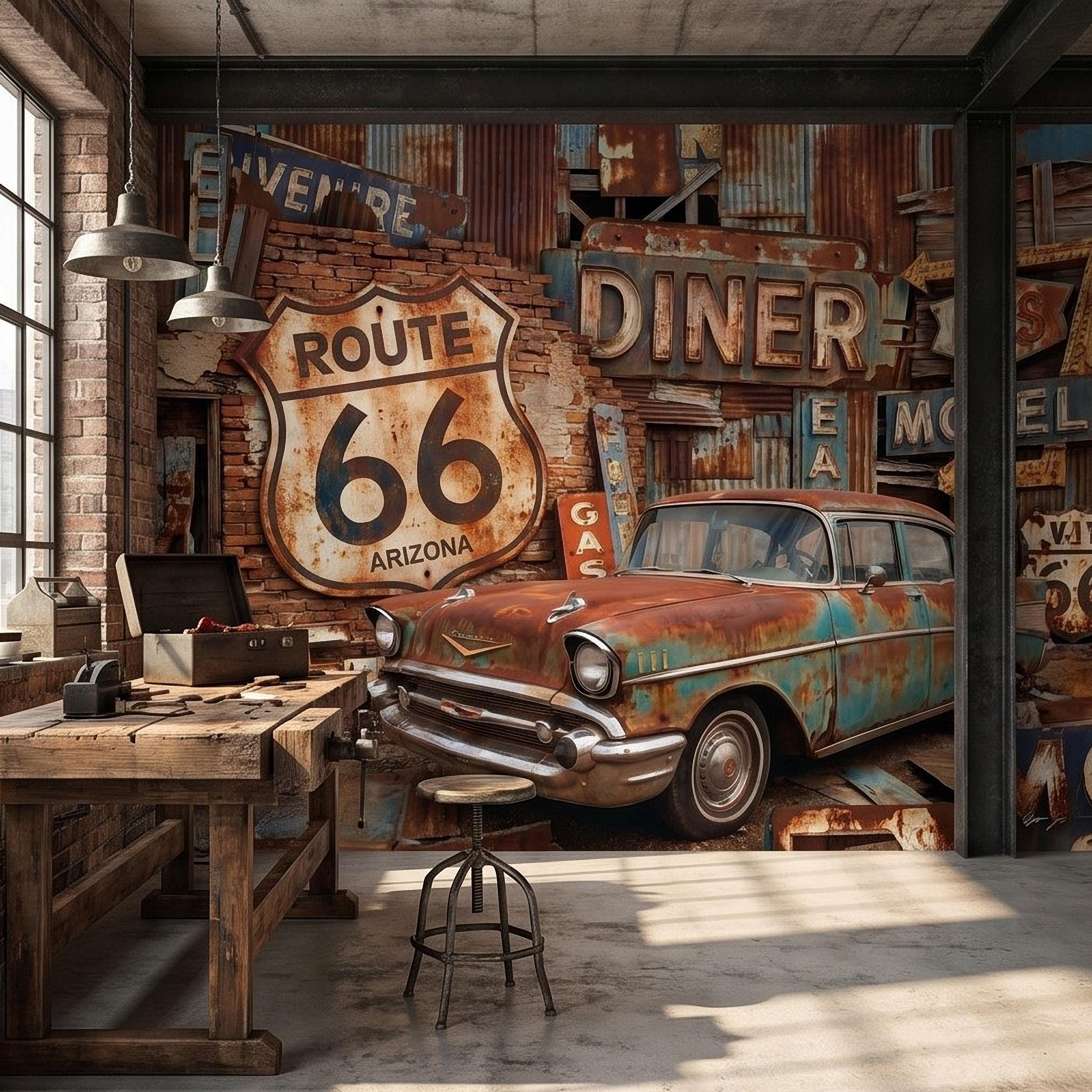 Vintage Route 66 Peel and Stick Wall Mural, Classic American Car with Retro Road Signs, Rustic Garage Man Cave Wallpaper