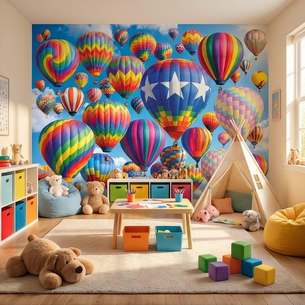 Colorful Hot Air Balloon Peel and Stick Wall Mural, Bright Rainbow Sky Kids Room Nursery Decor Wallpaper