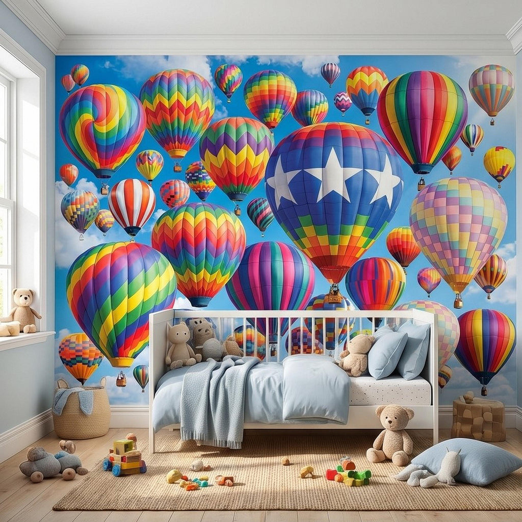 Colorful Hot Air Balloon Peel and Stick Wall Mural, Bright Rainbow Sky Kids Room Nursery Decor Wallpaper