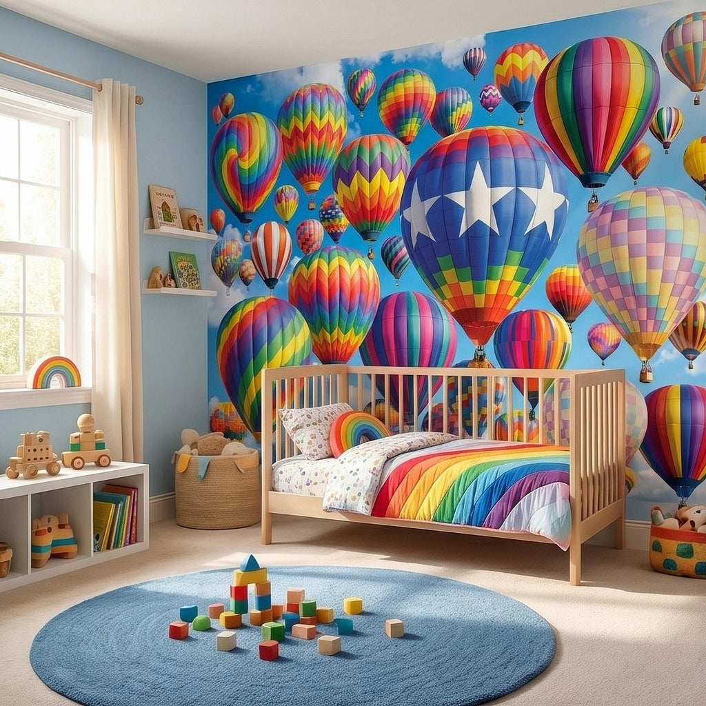Colorful Hot Air Balloon Peel and Stick Wall Mural, Bright Rainbow Sky Kids Room Nursery Decor Wallpaper