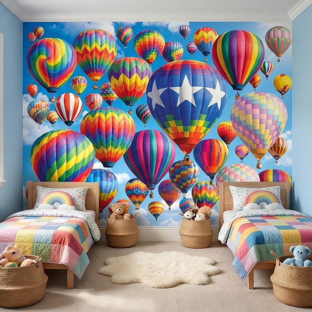 Colorful Hot Air Balloon Peel and Stick Wall Mural, Bright Rainbow Sky Kids Room Nursery Decor Wallpaper