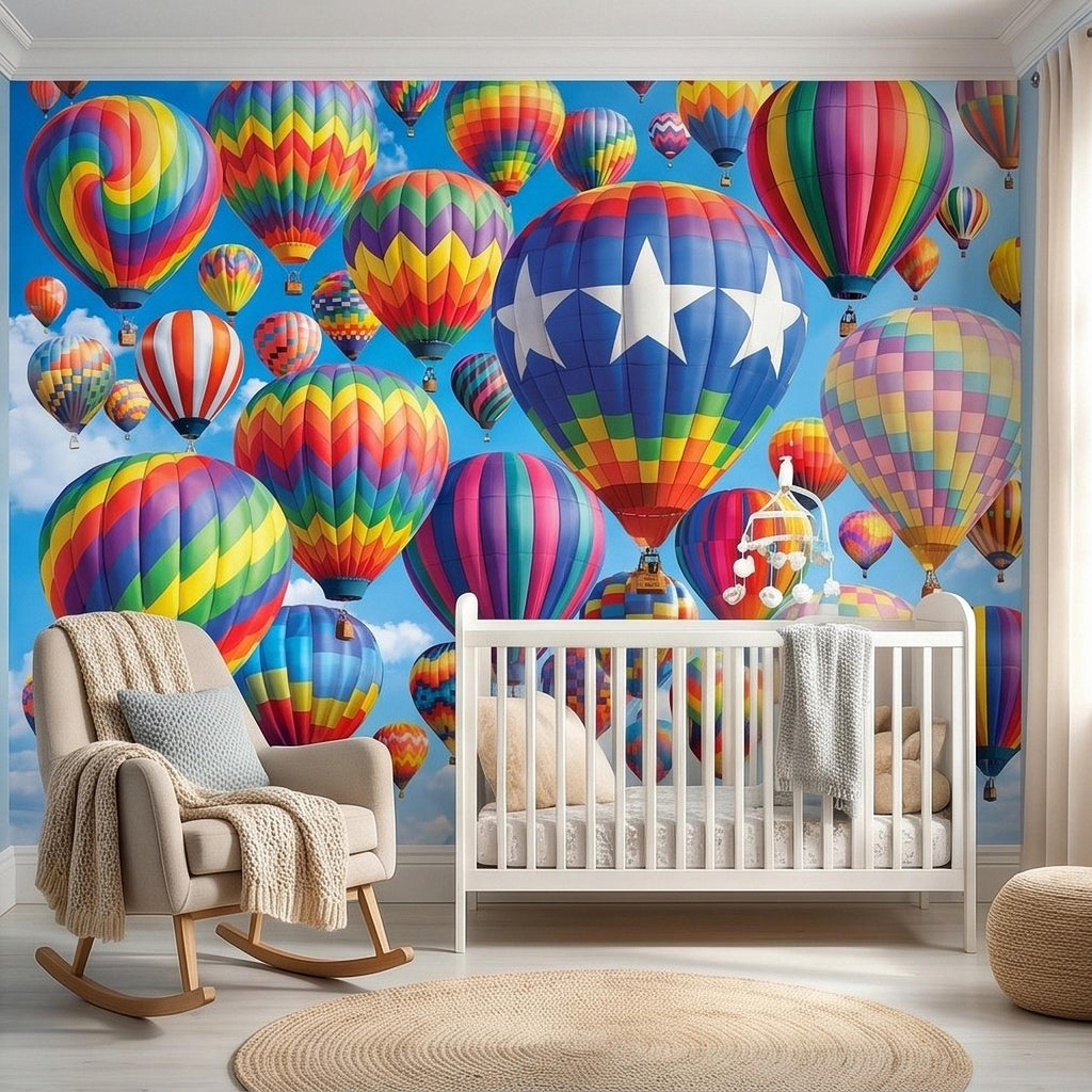 Colorful Hot Air Balloon Peel and Stick Wall Mural, Bright Rainbow Sky Kids Room Nursery Decor Wallpaper
