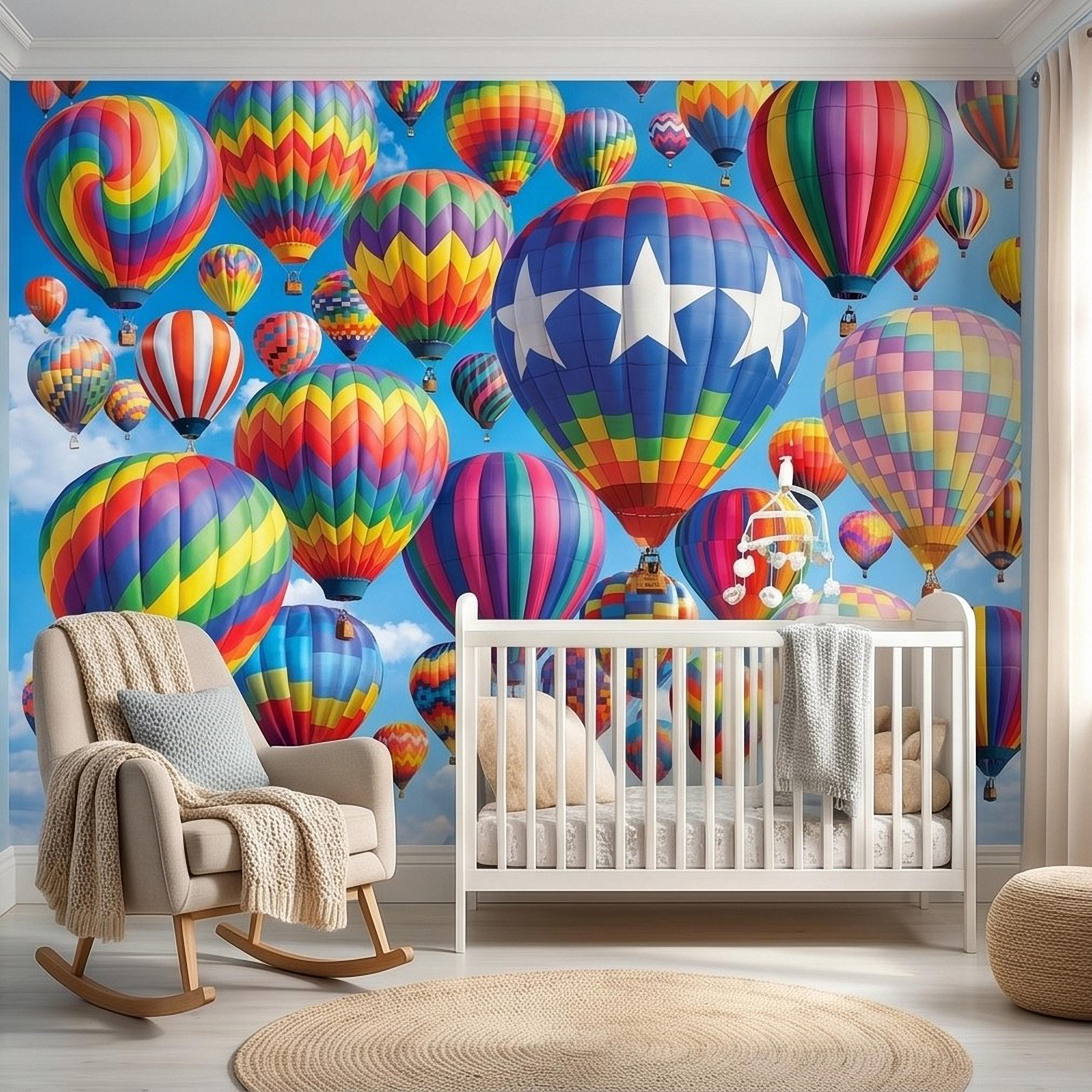 Colorful Hot Air Balloon Peel and Stick Wall Mural, Bright Rainbow Sky Kids Room Nursery Decor Wallpaper