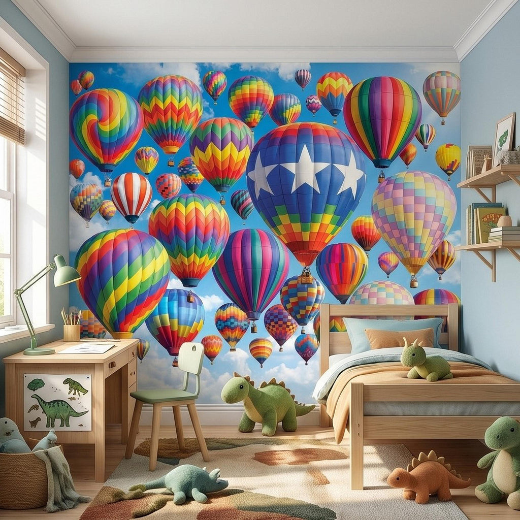 Colorful Hot Air Balloon Peel and Stick Wall Mural, Bright Rainbow Sky Kids Room Nursery Decor Wallpaper