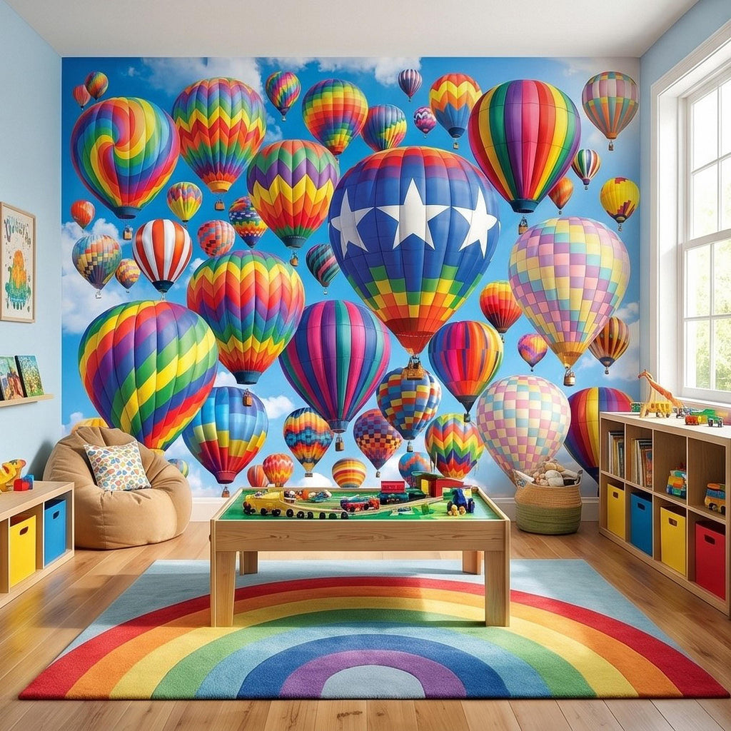 Colorful Hot Air Balloon Peel and Stick Wall Mural, Bright Rainbow Sky Kids Room Nursery Decor Wallpaper