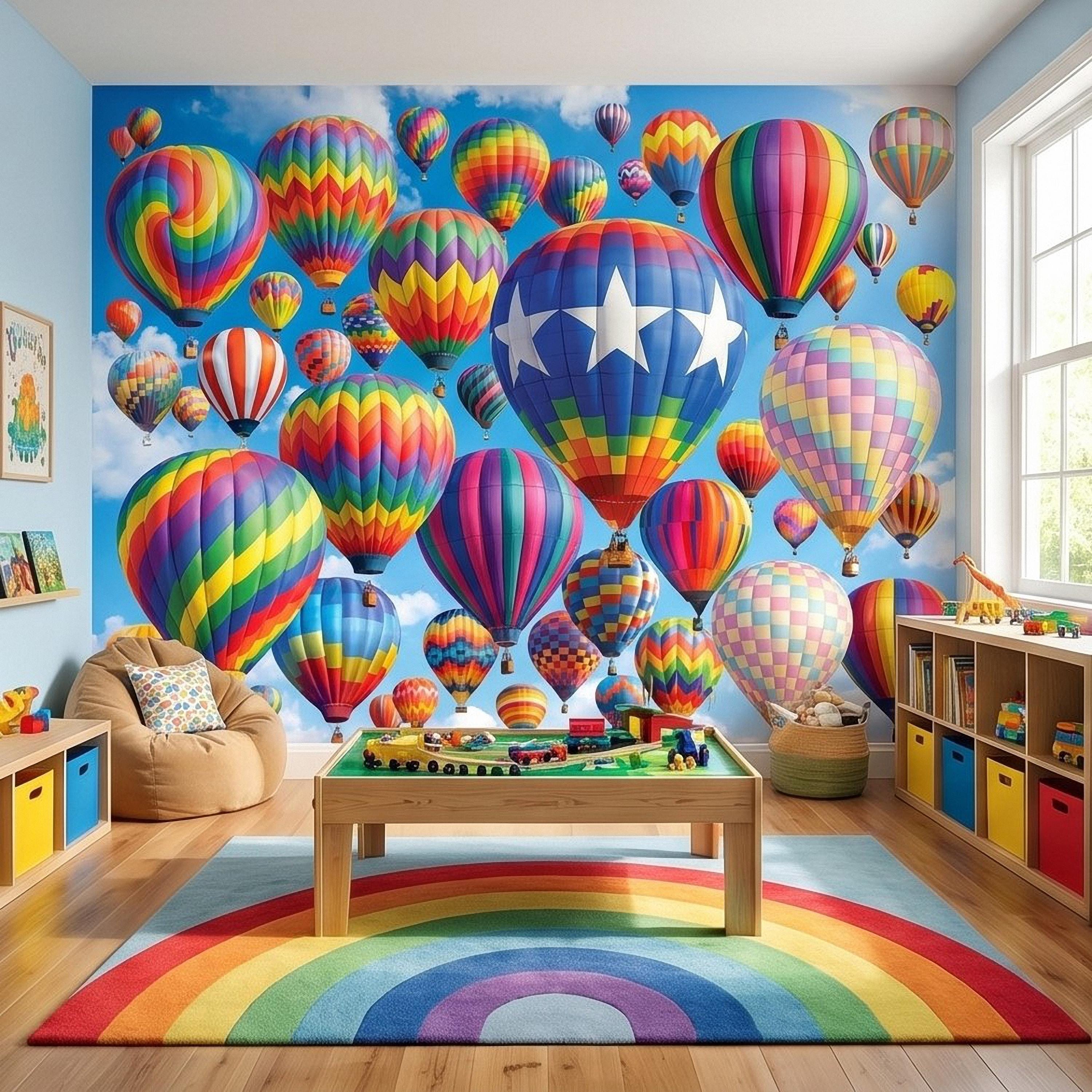 Colorful Hot Air Balloon Peel and Stick Wall Mural, Bright Rainbow Sky Kids Room Nursery Decor Wallpaper