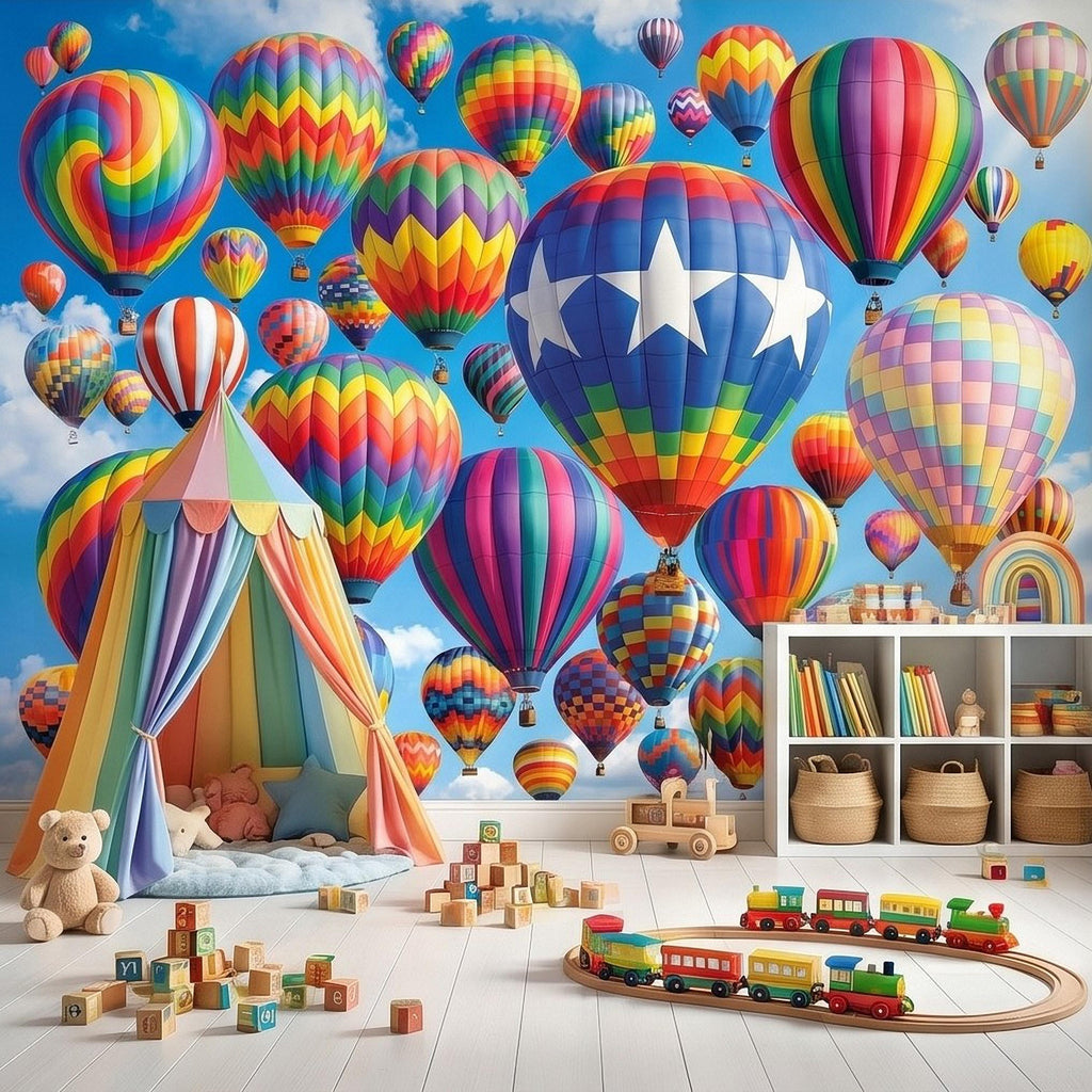 Colorful Hot Air Balloon Peel and Stick Wall Mural, Bright Rainbow Sky Kids Room Nursery Decor Wallpaper