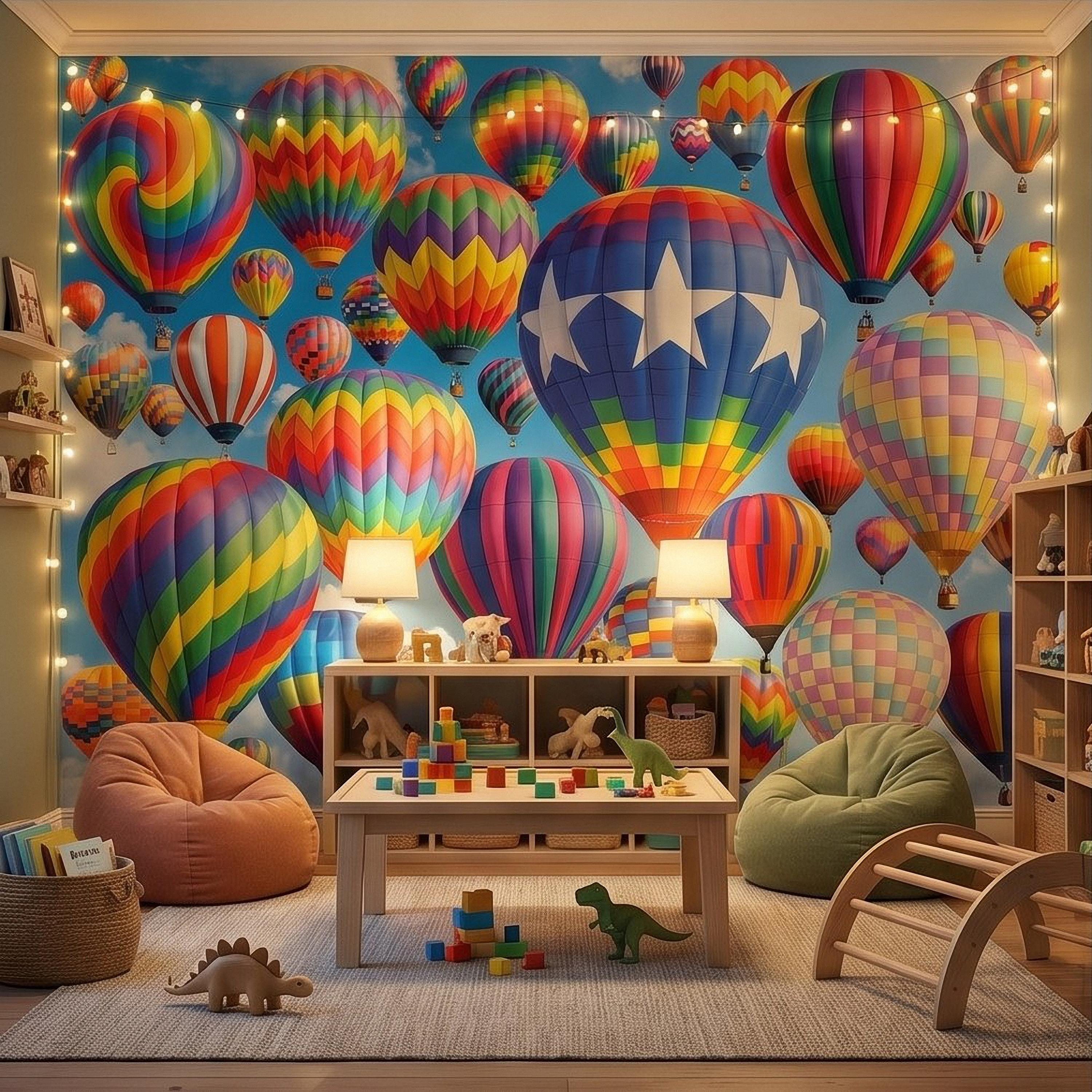 Colorful Hot Air Balloon Peel and Stick Wall Mural, Bright Rainbow Sky Kids Room Nursery Decor Wallpaper