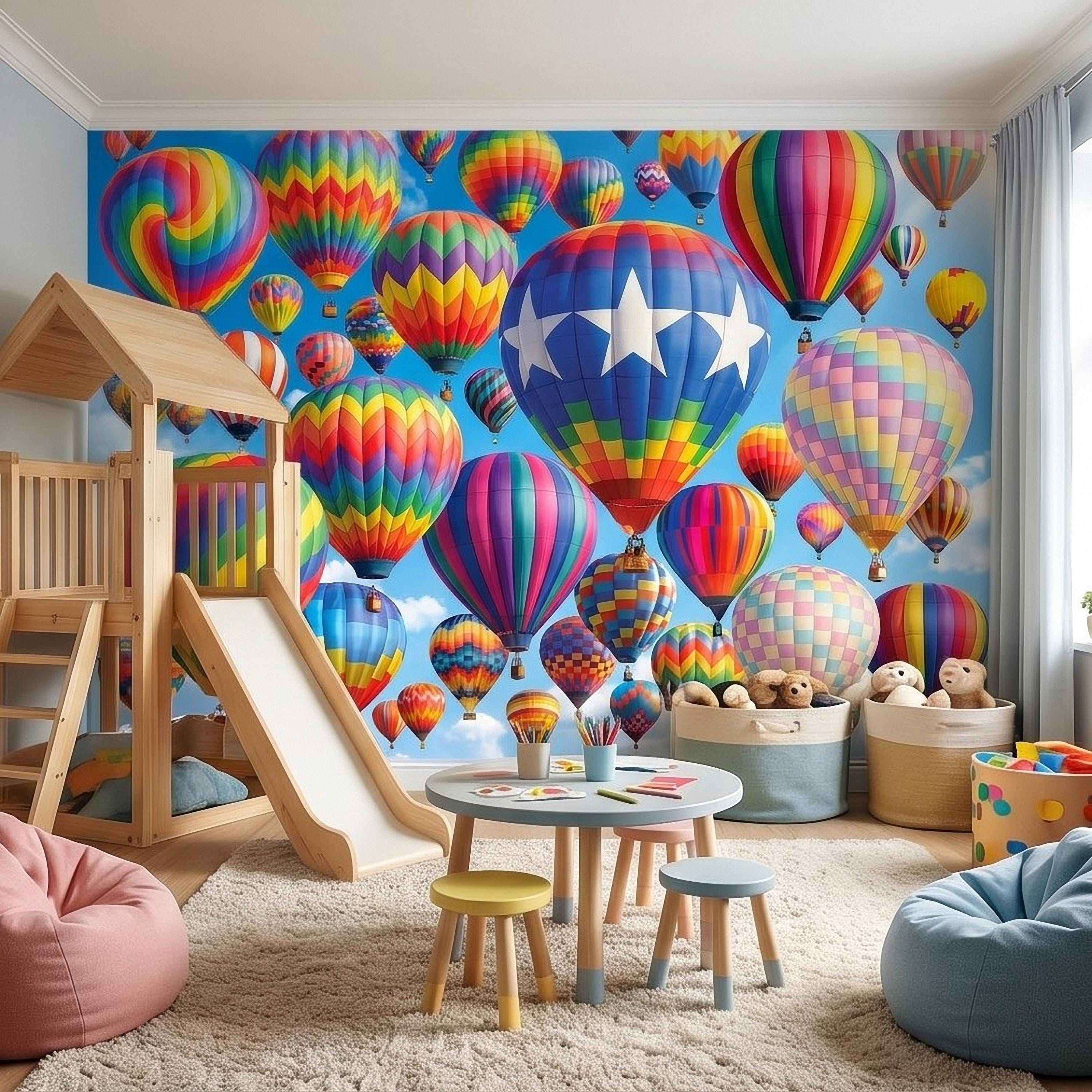 Colorful Hot Air Balloon Peel and Stick Wall Mural, Bright Rainbow Sky Kids Room Nursery Decor Wallpaper