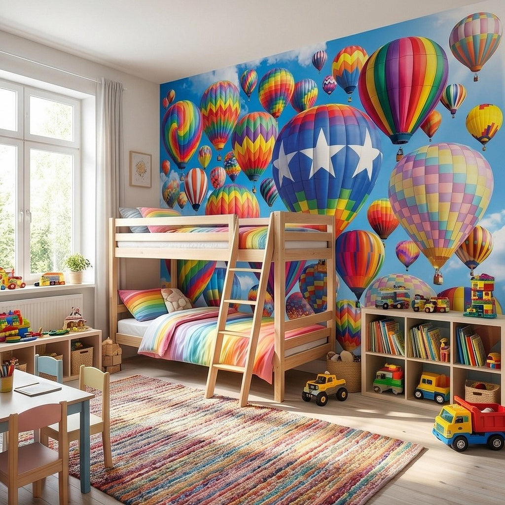 Colorful Hot Air Balloon Peel and Stick Wall Mural, Bright Rainbow Sky Kids Room Nursery Decor Wallpaper