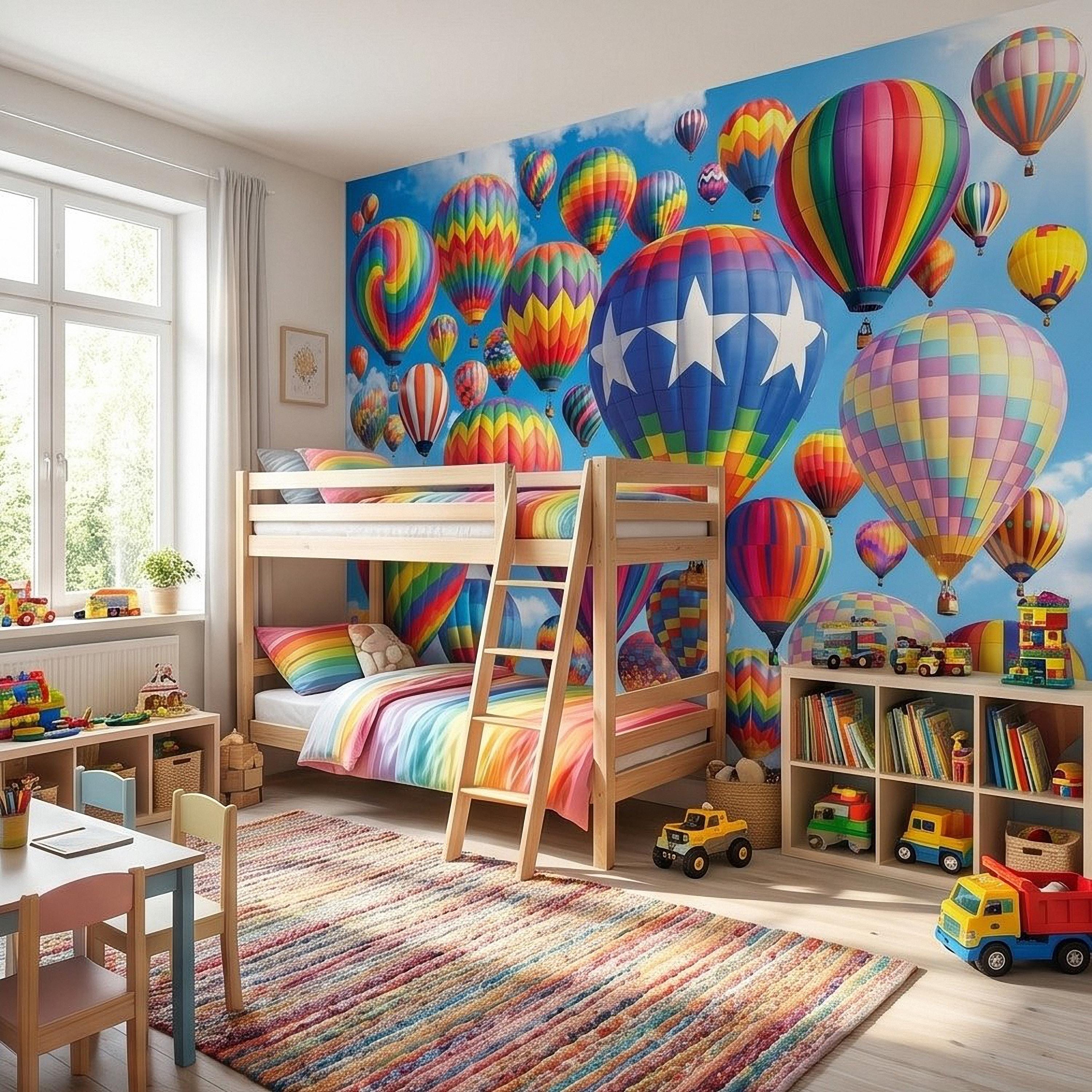 Colorful Hot Air Balloon Peel and Stick Wall Mural, Bright Rainbow Sky Kids Room Nursery Decor Wallpaper