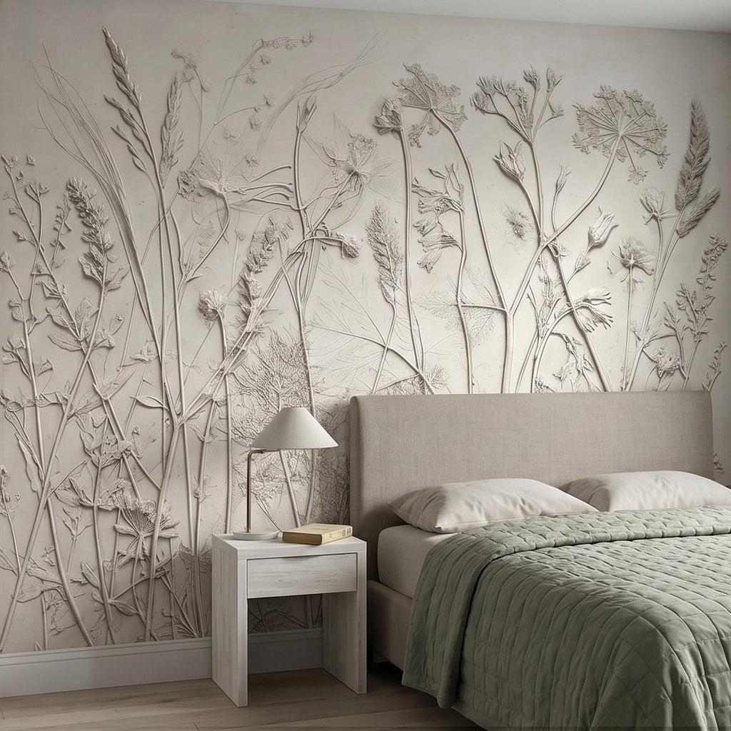 Neutral Botanical Peel and Stick Wall Mural, Textured Plaster Wildflower Wallpaper, Embossed Beige Nature Wall Decor