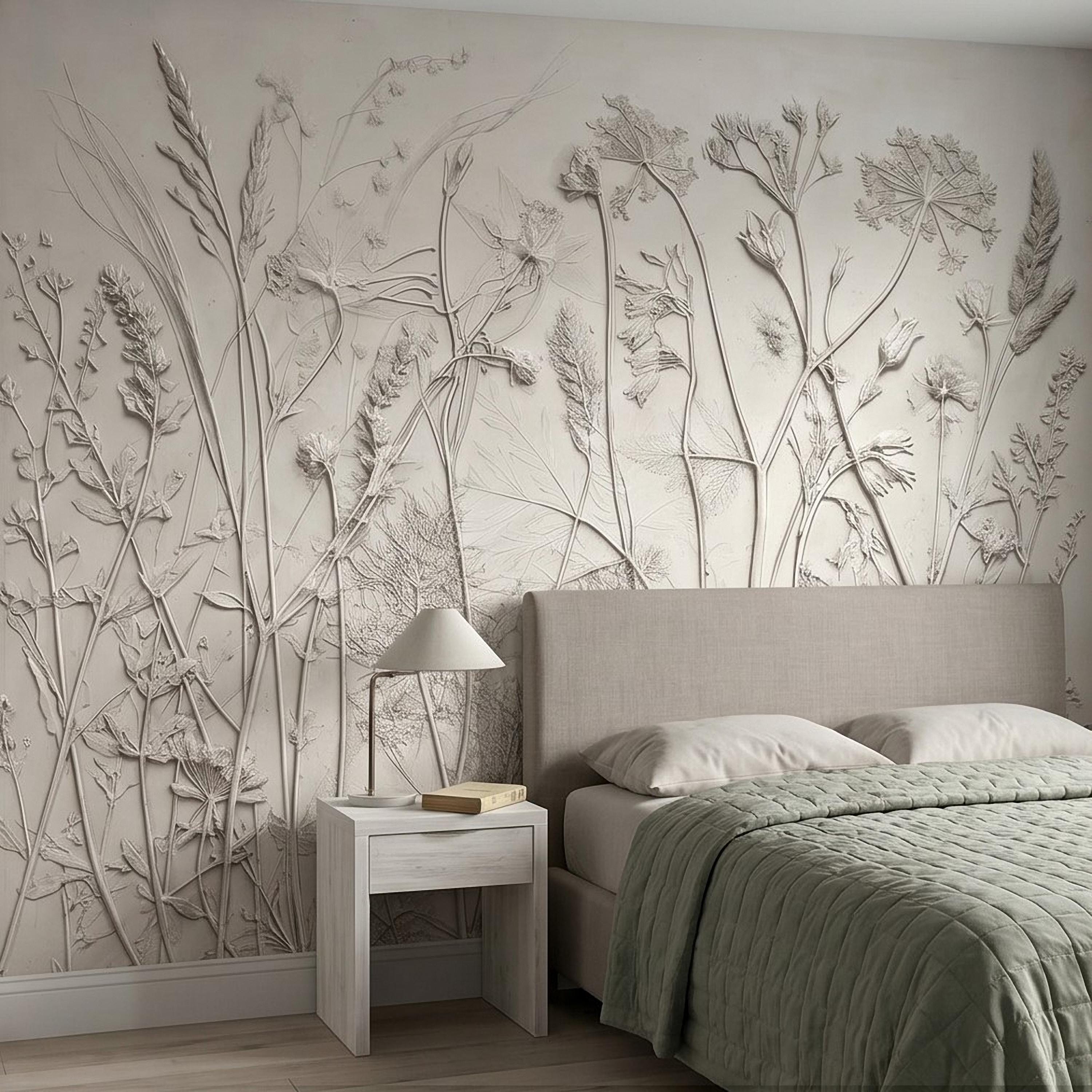 Neutral Botanical Peel and Stick Wall Mural, Textured Plaster Wildflower Wallpaper, Embossed Beige Nature Wall Decor